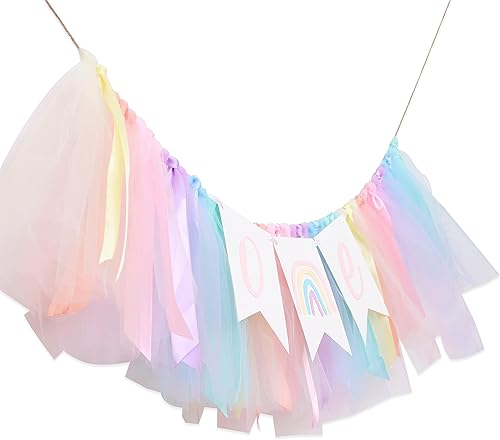 Miniatura 6 de Cartel para silla alta de arcoíris pastel, cartel de tul y cinta para silla de bebé de primer cumpleaños, decoraciones de arcoíris