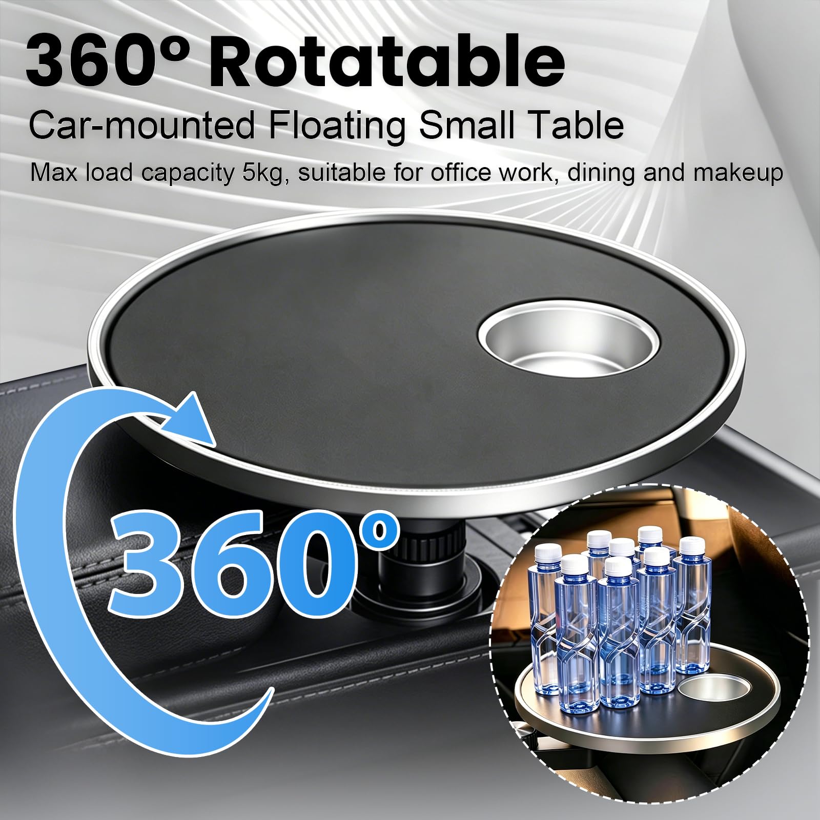 Tavolino per Auto, Vassoio per Auto da 28 cm con Portabicchieri Tavolino Girevole a 360° per Fori Rotondi del Telaio con Diametro di 6,5 cm Tavolo Galleggiante Montato su Veicolo per Sedile Passeggero