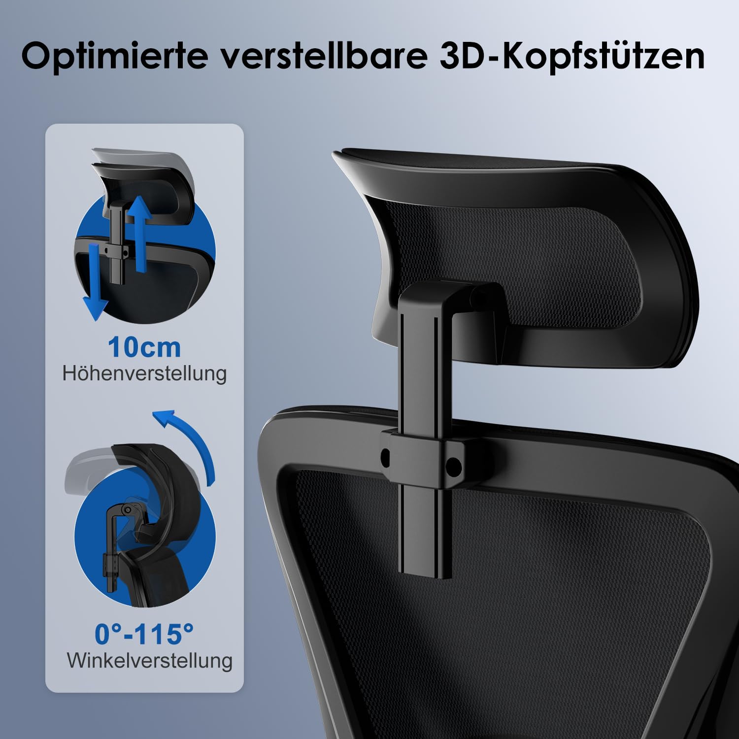 Bürostuhl Ergonomisch mit Verstellbarer Kopfstütze Armlehnen Lendenwirbelstütze Drehstuhl Wippfunktion 135° 150kg
