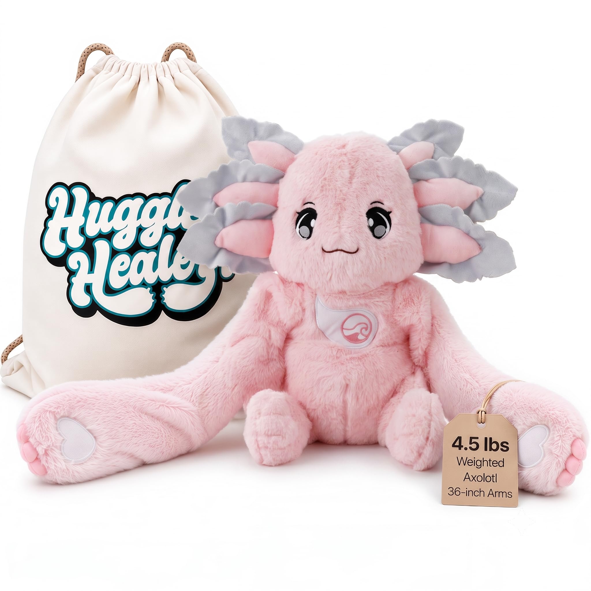 Huggle Healers® Ula Axolotl - Animal de peluche con peso largo con brazos pesados para abrazos reales | 4,5 lbs / 2 kg | Peluche con peso suave para adultos y niños