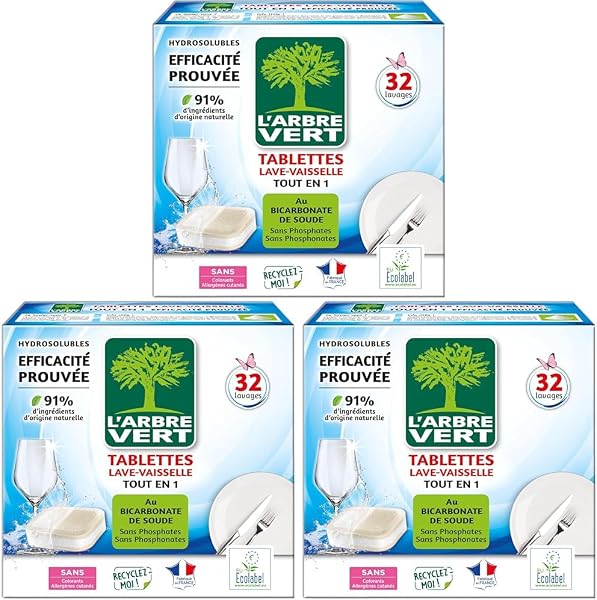 L'Arbre Vert Tablettes Lave Vaisselle Tout En 1 - Ecolabel - 91% d'ingrédients d'origine naturelle - 32 Doses - 3