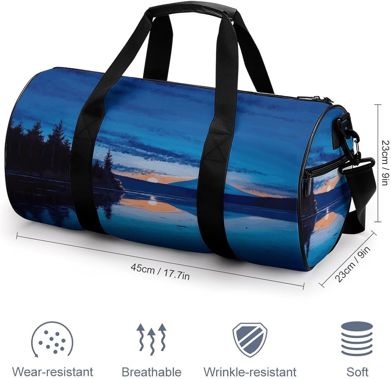 Aesthetic Sports Bag for Women Blue Sunset Printed Duffle Travel Bag for Men Women Mini Workout Bags Cylindrical Gym Bag