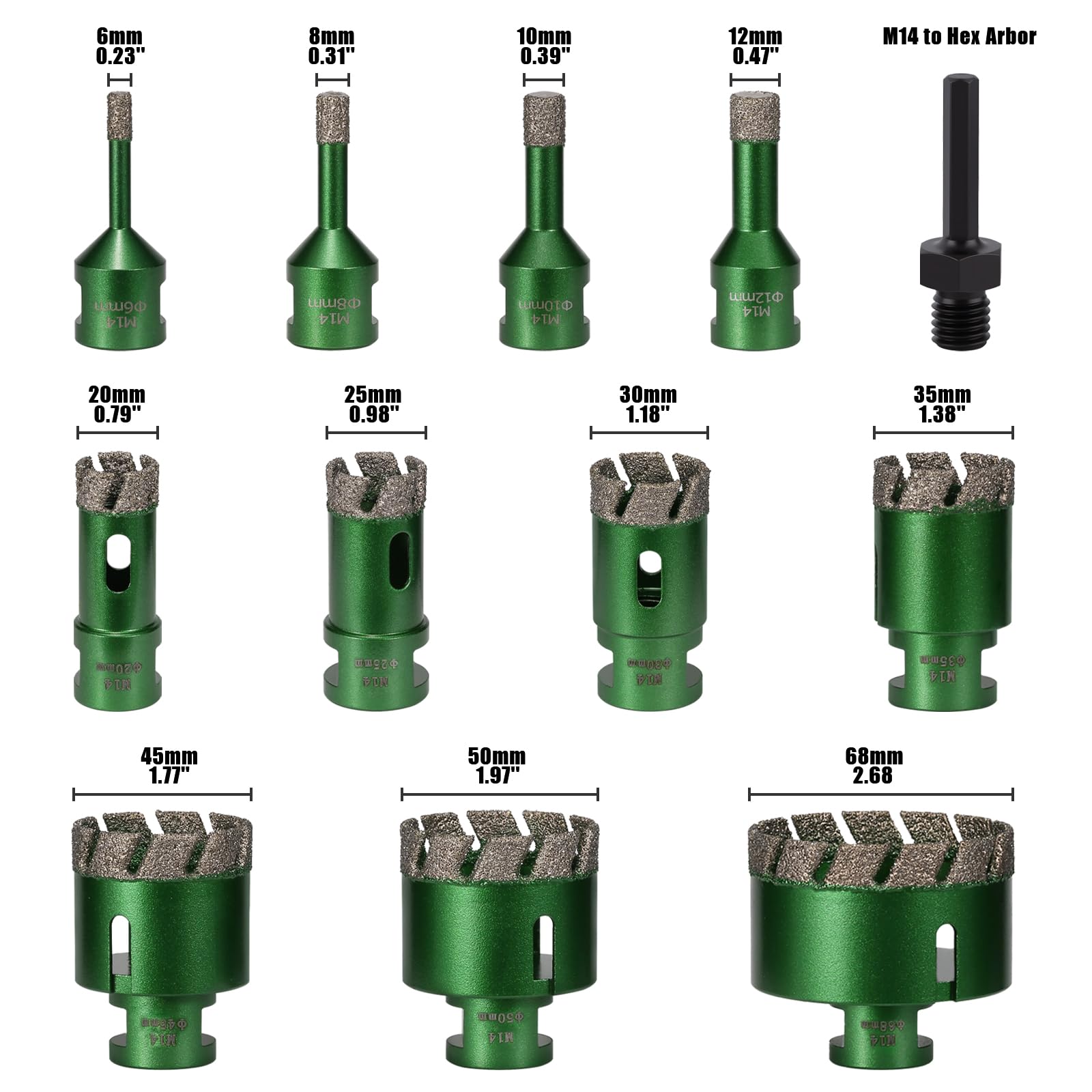 Zestaw 12 wierteł do płytek suchych, 6-68 mm, przyłącze gwintowane, lutowane próżniowo, zestaw wierteł diamentowych do muru, koronki wiertniczej do płytek, marmuru, granitu, porcelany, betonu