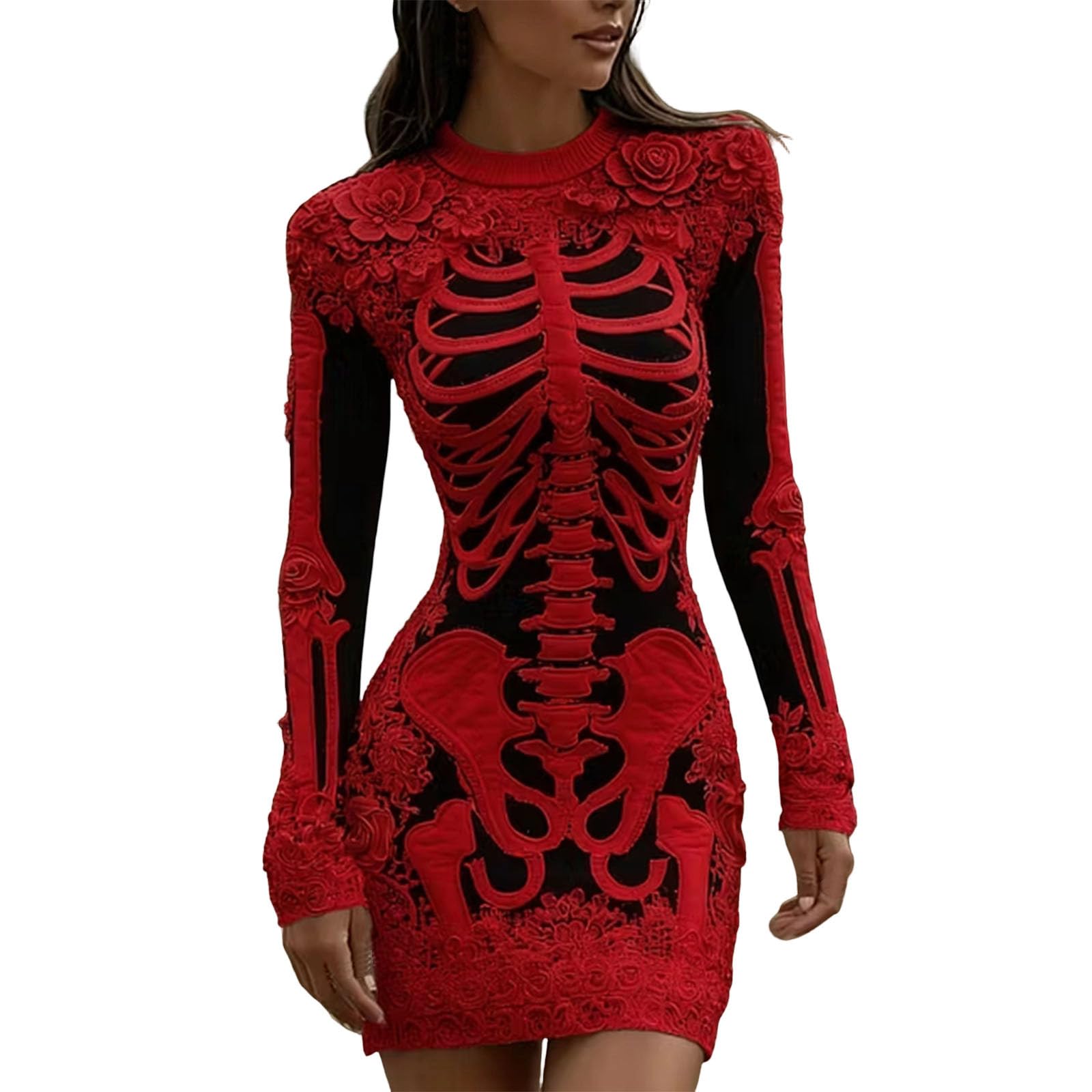 Women Halloween Costume Vintage Long Sleeve Crew Neck Gothic Mini Dress — image 1