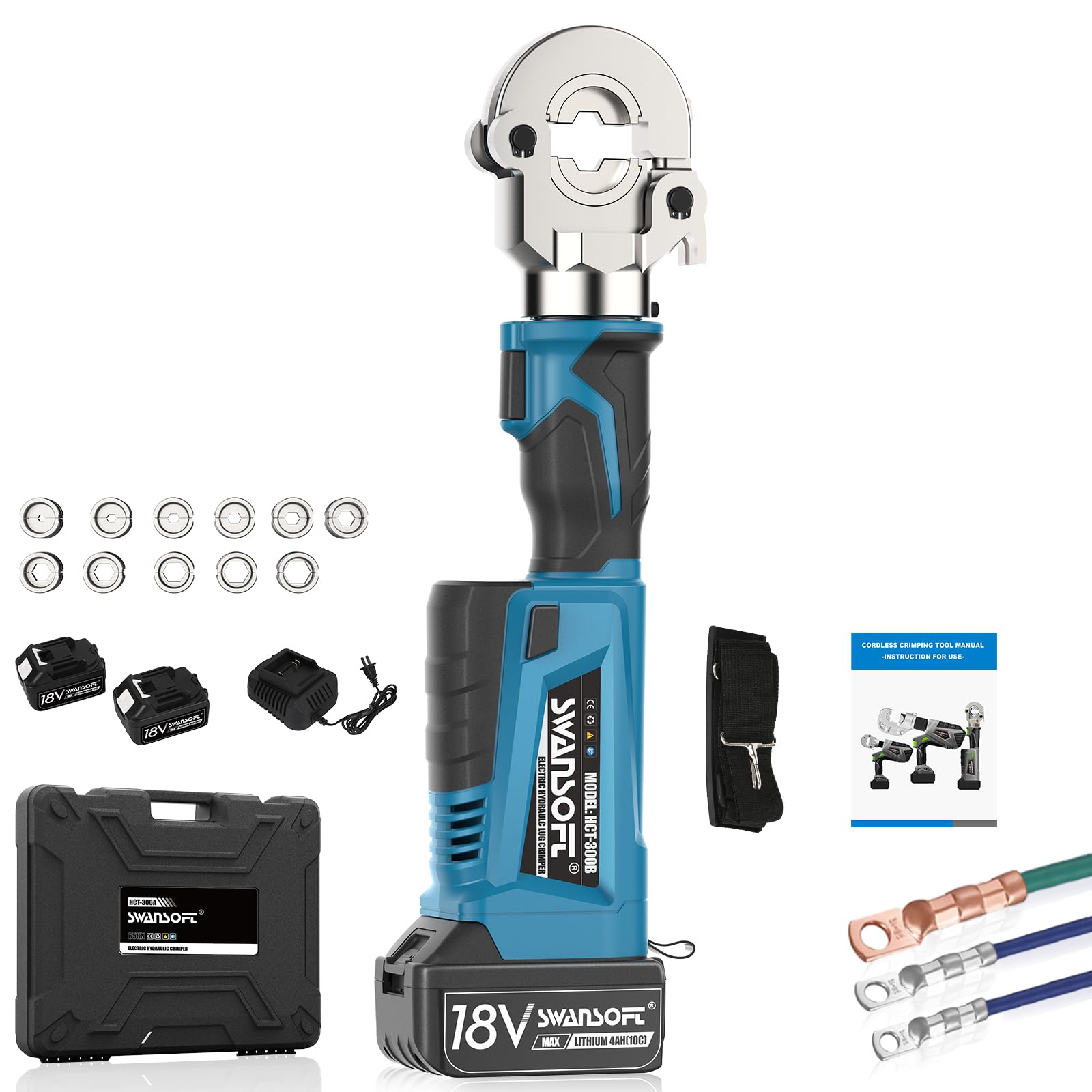 SWANSOFT Electric Hydraulic Crimping Tool,6Ton 6AWG-600MCM Rechargeable Hydraulic Crimper for Cu/Al Terminal, Crimp 20000 Times Wire Cable Lug Crimping Tool Kit (300B)