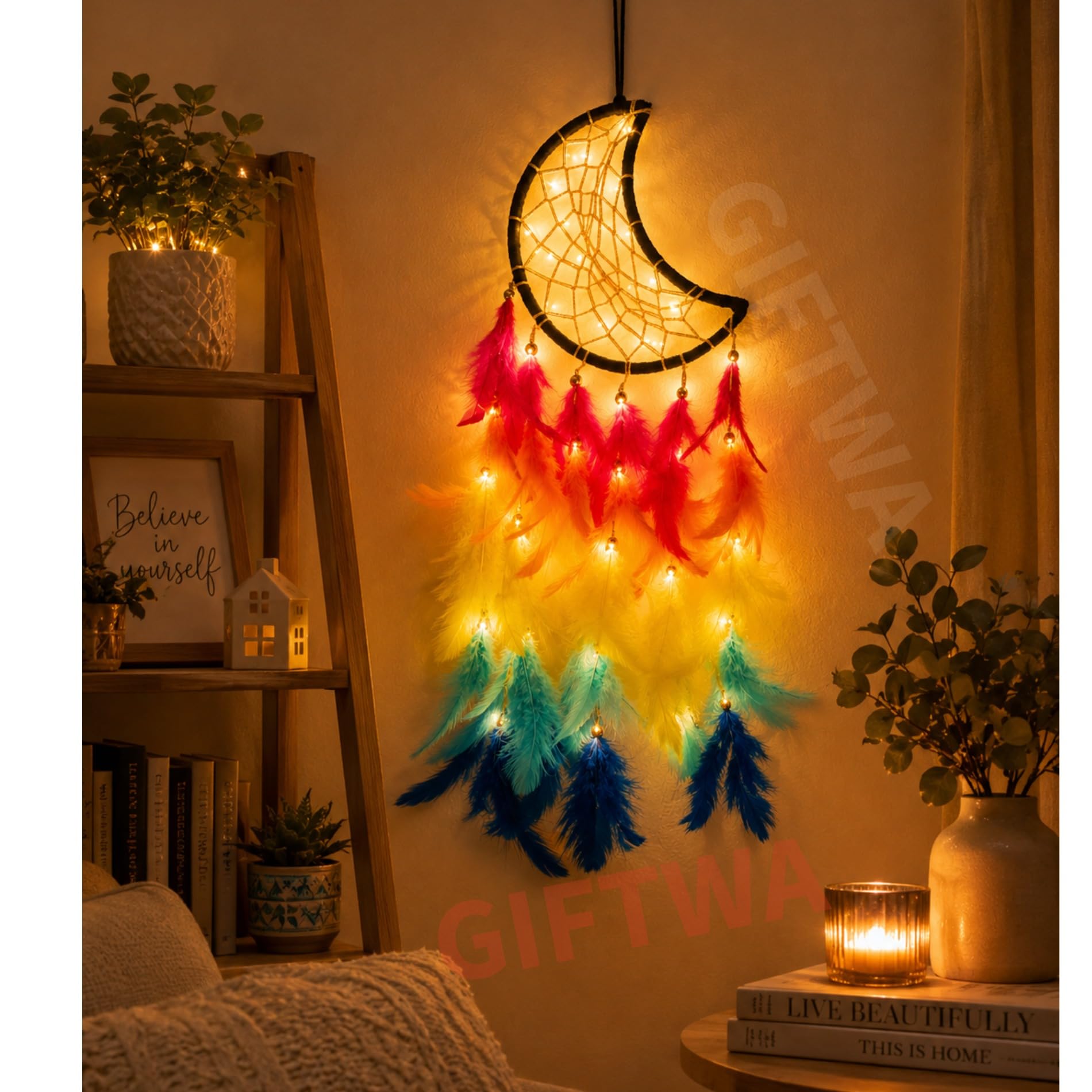 LED Moon Dream Catcher Wall Hanging with Warm Fairy Lights, Colorful Rainbow Feathers, Boho Dream Catcher for Bedroom, Living Room, Nursery, Home Decor & Gift-image-43