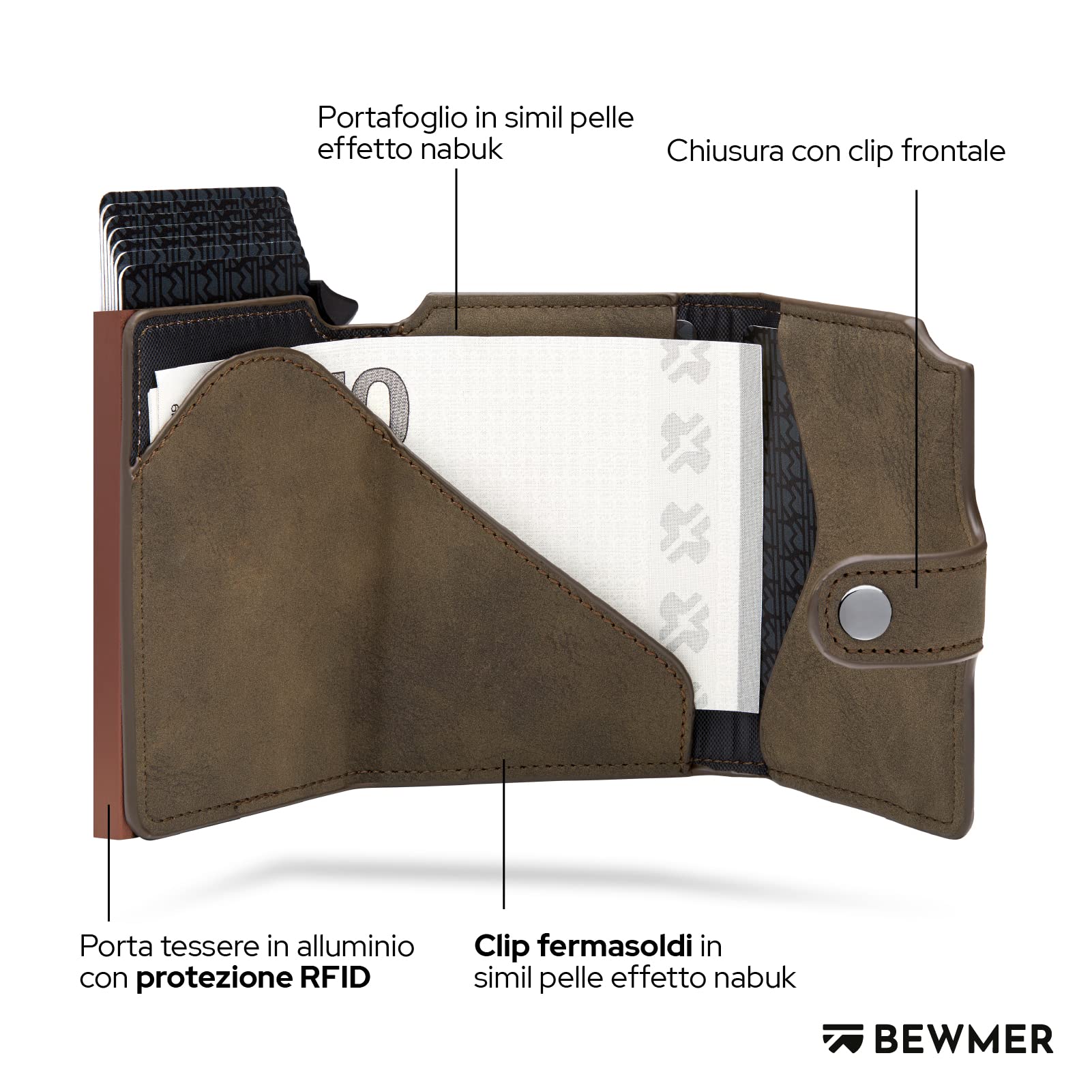 BEWMER v2 Portafoglio Uomo Slim In Similpelle Con Protezione RFID Anticlonazione – Porta Carte Di Credito Uomo E Donna Per 9 Tessere, Con Portamonete – Porta Tessere, Verde Oliva Marrone