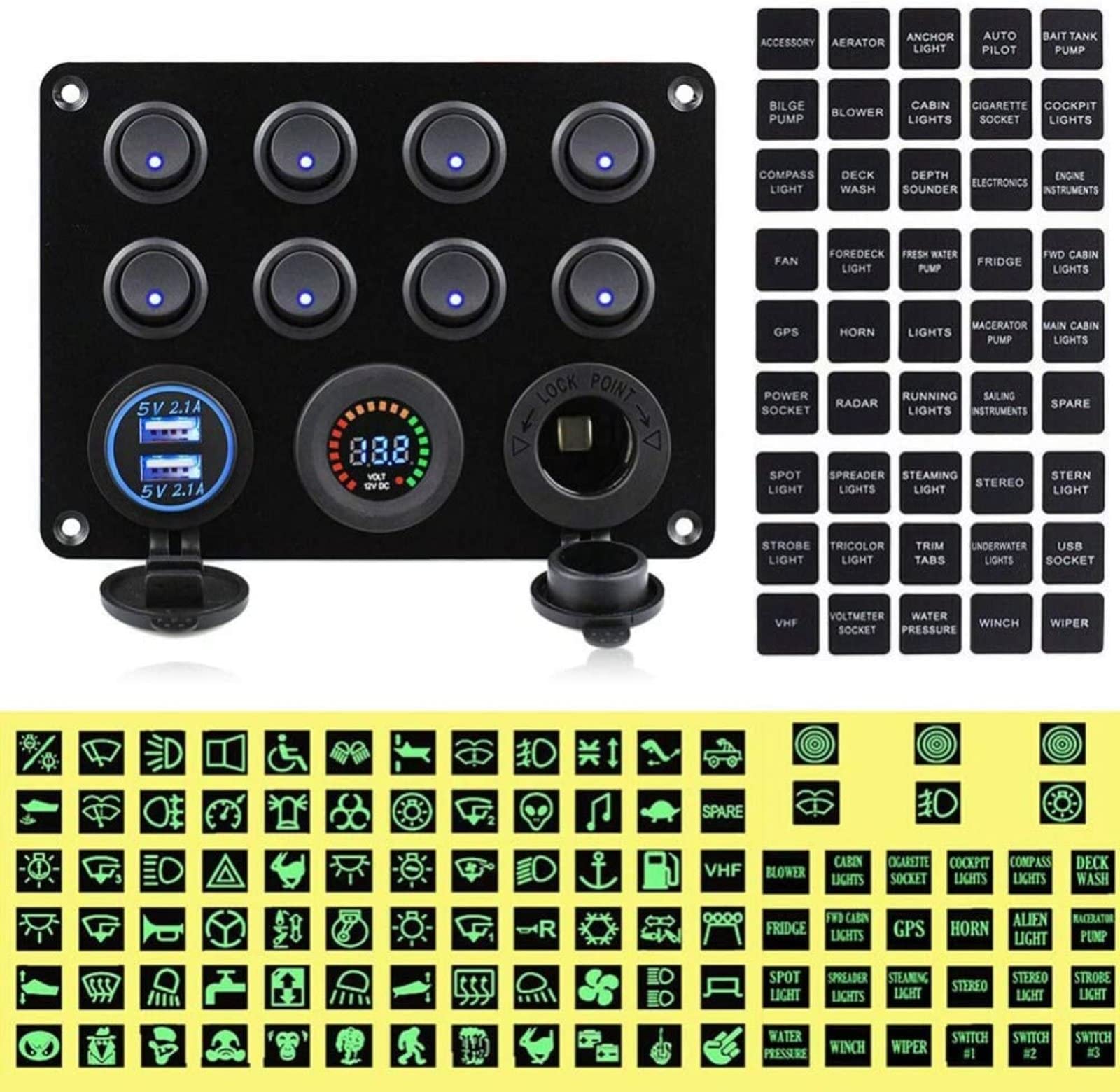 Interruptor basculante LED azul de 12/24 V para barco marino, conmutación de 8 marchas, regulable automáticamente, interruptor LED multifunción de encendido y apagado, con arnés y pegatinas