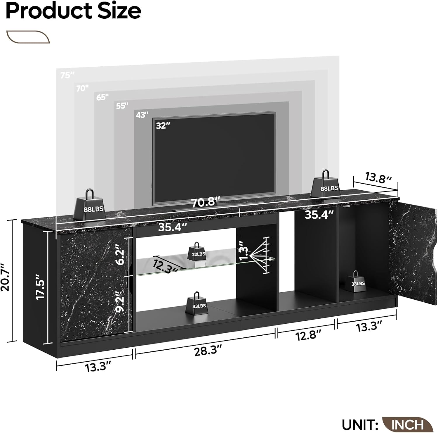 Bestier LED TV Stand for 65/70/75 Inch TV, 70 inch Gaming Entertainment Center with Adjustable Glass Shelves & Storage Cabinet for PS5, Xbox, Modern TV Console Table for Living Room, Black Marble