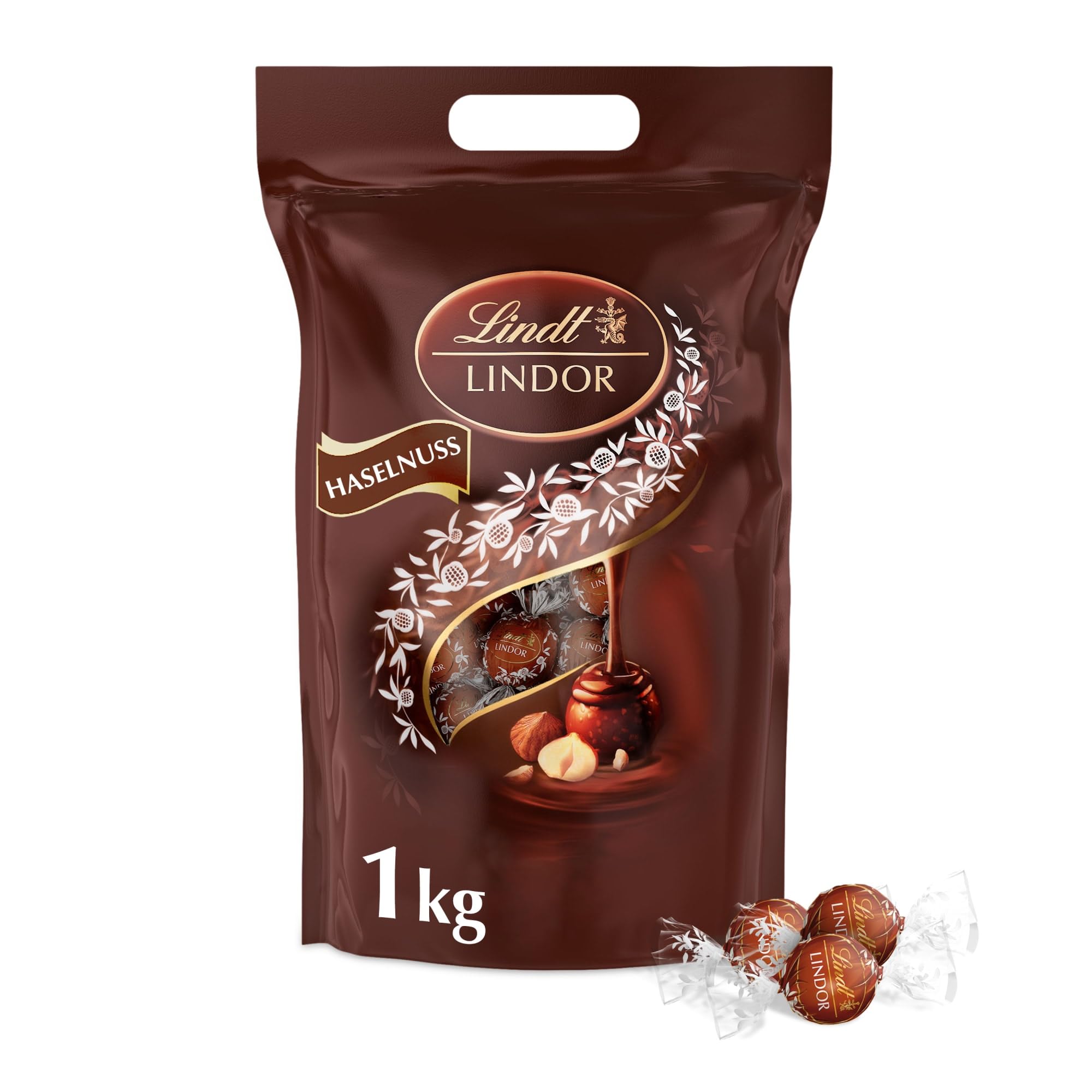 Lindt LINDOR, Haselnuss-Milch Schokolade Kugel Beutel, 1 kg Beutel wiederverschließbar, ca. 80 Kugeln, Großpackung, Pralinen-Geschenk, Schokoladengeschenk