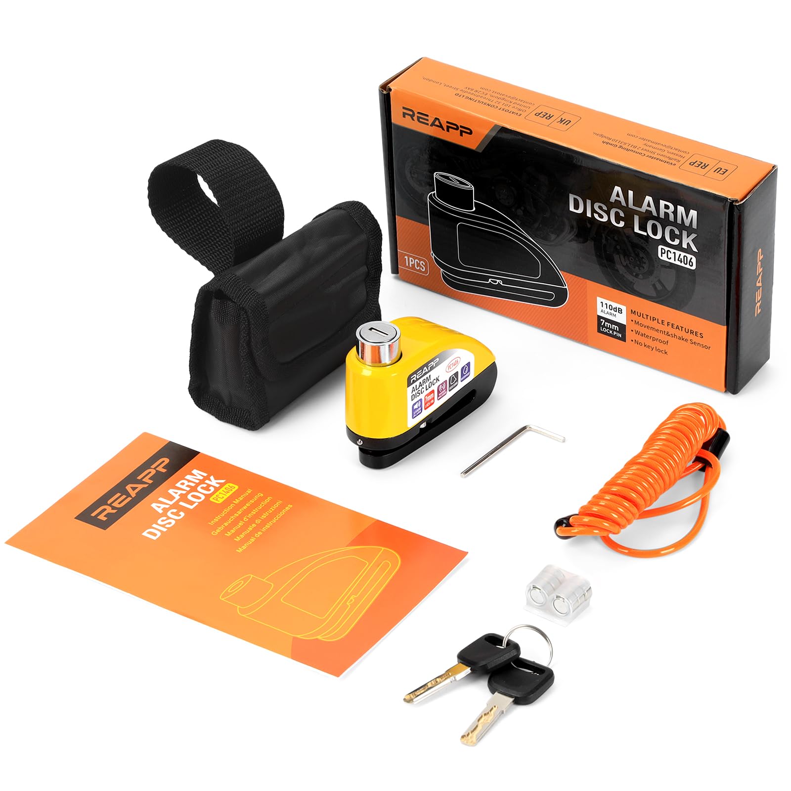 REAPP Bloccadisco Moto Lucchetto Moto Antifurto con Allarme Sonoro 110DB, Blocca disco Protezione Antifurto per Bici Motorino Moped Motocross, Accessori con 2 chiavi und 1.5m Reminder