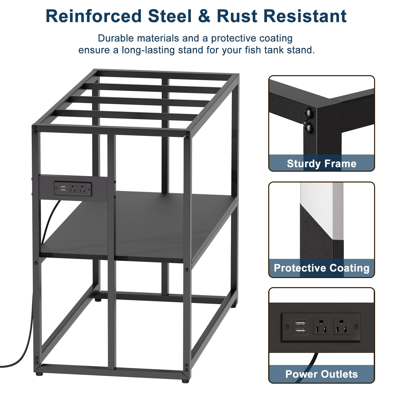 Urban Deco Support d'aquarium de 40 gallons avec prises de courant, capacité de 300 kg, support d'aquarium en métal, support de terrarium à double couche, noir