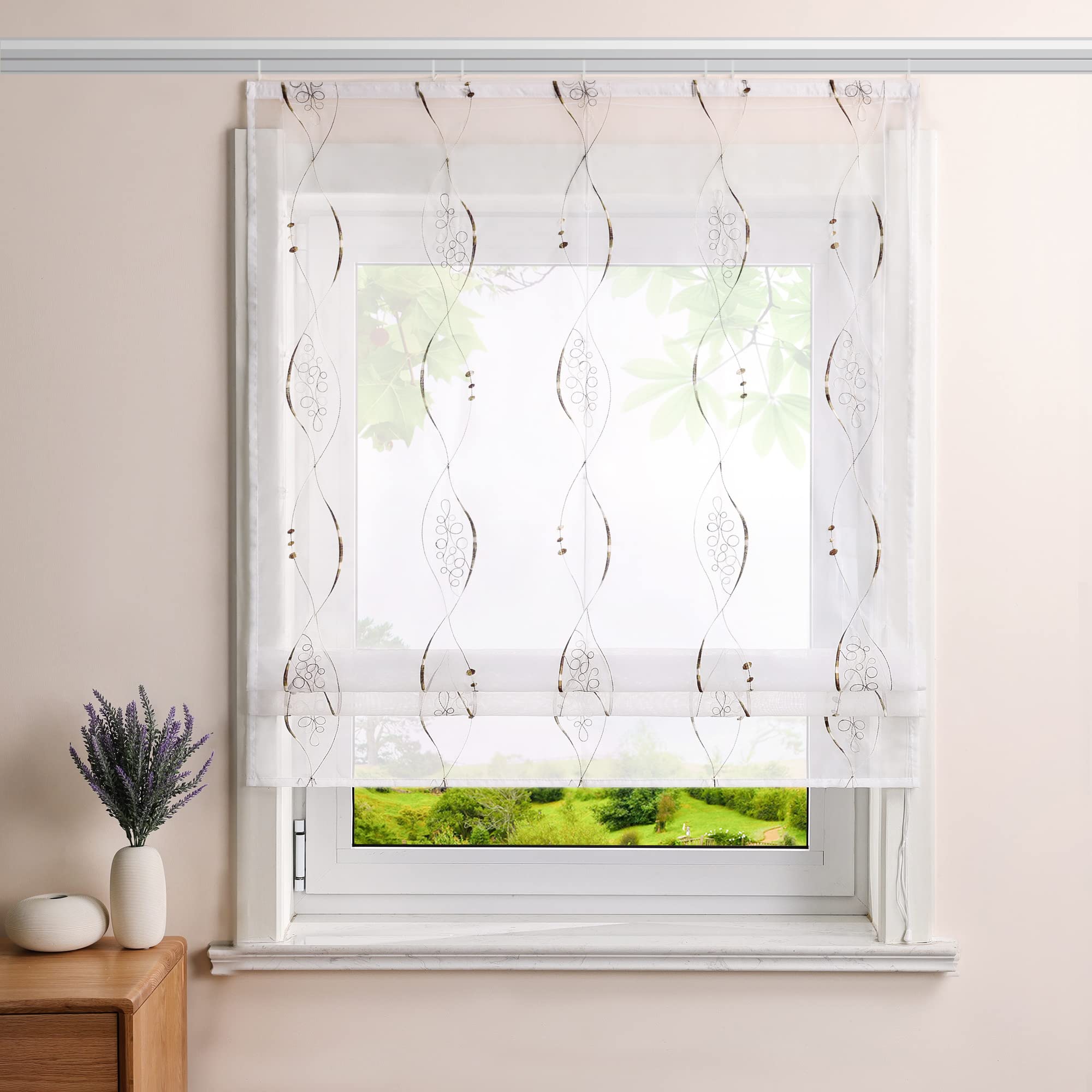 Heichkell Raffrollo mit Klettschiene Voile Raffgardinen Transparent Rollo Bestickt Modern Vorhang Braun BxH 140x140cm