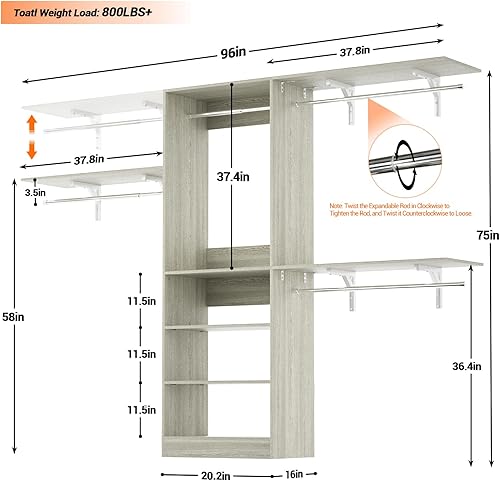 Miniatura 7 de Armocity Sistema de armario de 96 pulgadas, organizador de armario de 8 pies con 3 torres de estantes, armario de dormitorio resistente con 5