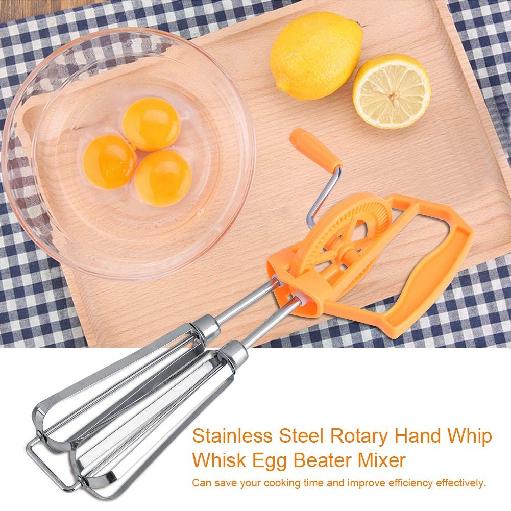 Egg Beater Mixer, Manual Stainless Steel Rotary Hand Whip Whisk Handheld Egg Frother Rotary Hand Mixer Hand Crank Egg Beater Small Kitchen Gadget(orange)