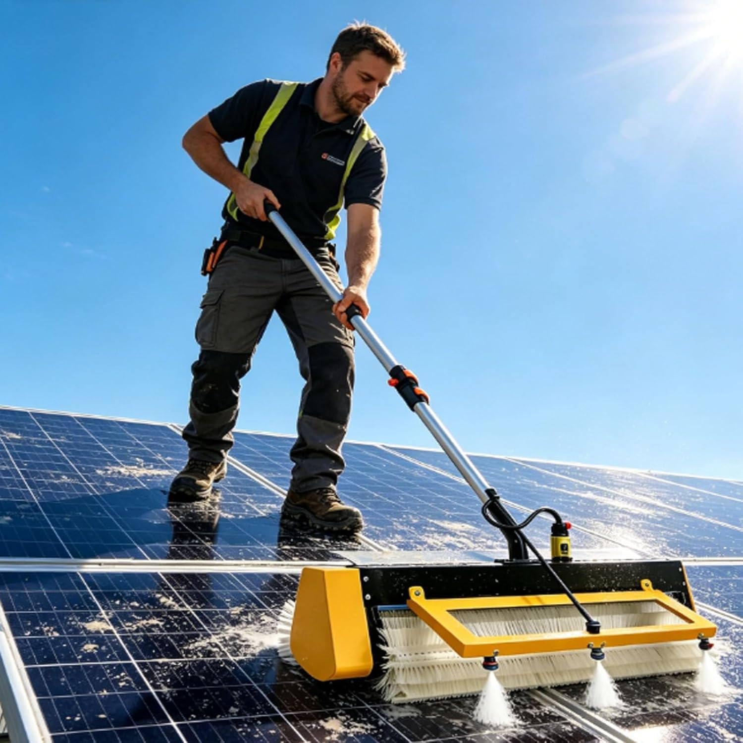 Nuevo Limpiador eléctrico de Paneles solares con pértiga Extensible de 3,6/5,6/7,6 m, Cepillo de Limpieza eléctrico Ligero y Cepillo Giratorio de 360° para Ventanas de caravanas Cordless-3.6M