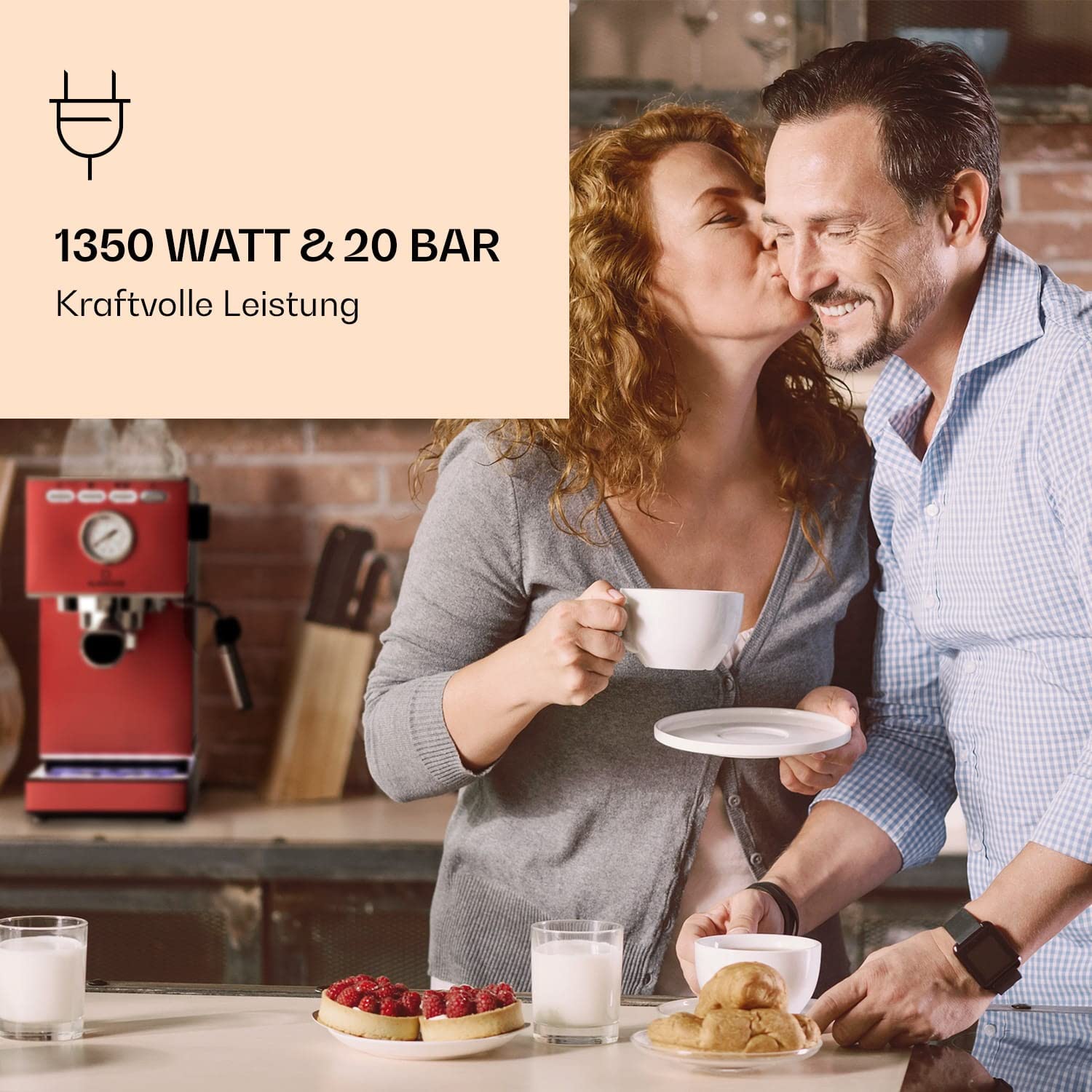 Klarstein Pausa Espressomaker Siebträger 1350 Watt 20 Bar Druck 1,4 Liter Edelstahl rot
