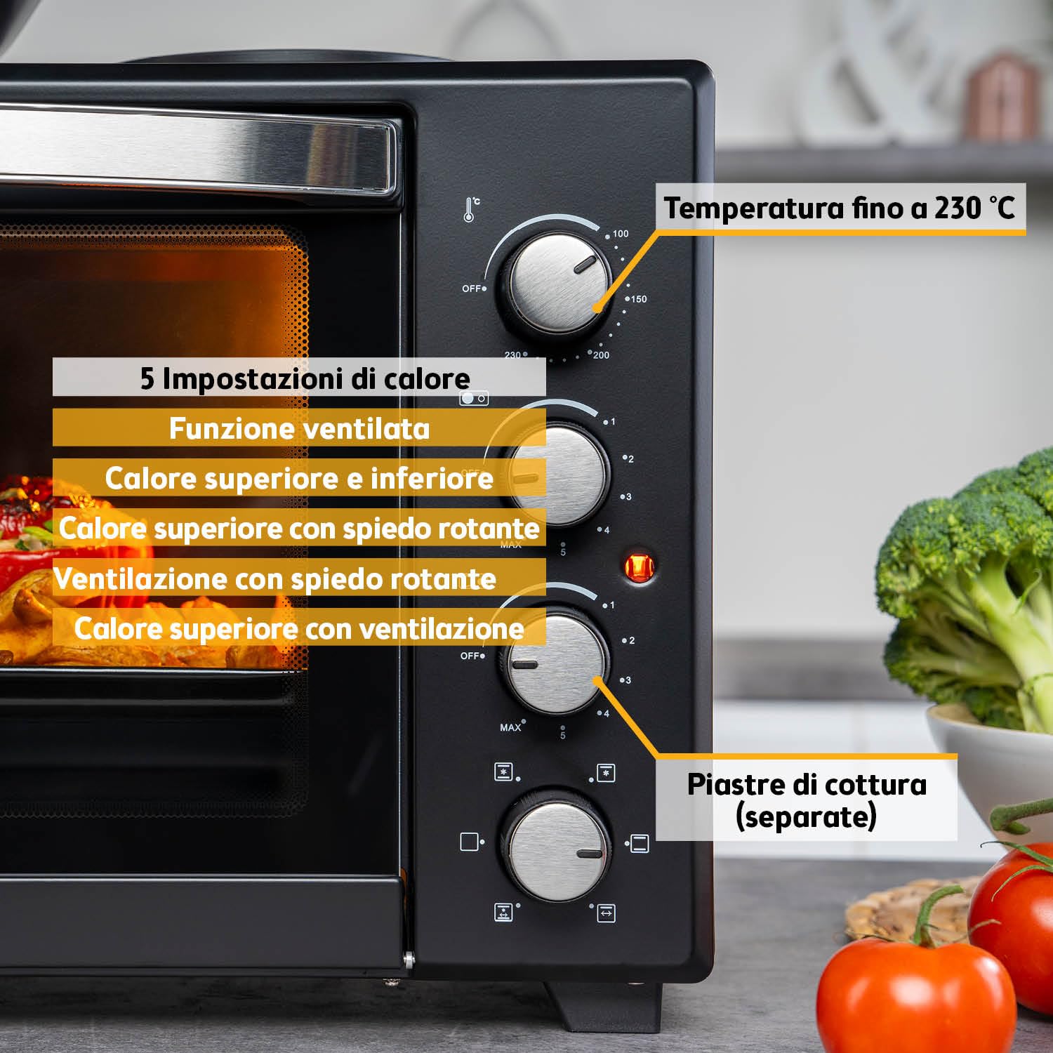 TZS First Austria - Mini Forno con fornelli 45L 3200 W - Fornetto per pizza con piastre fino a 230°C e rivestimento antiaderente - Multiforno con 4 altezze di inserimento e accessori di alta qualità