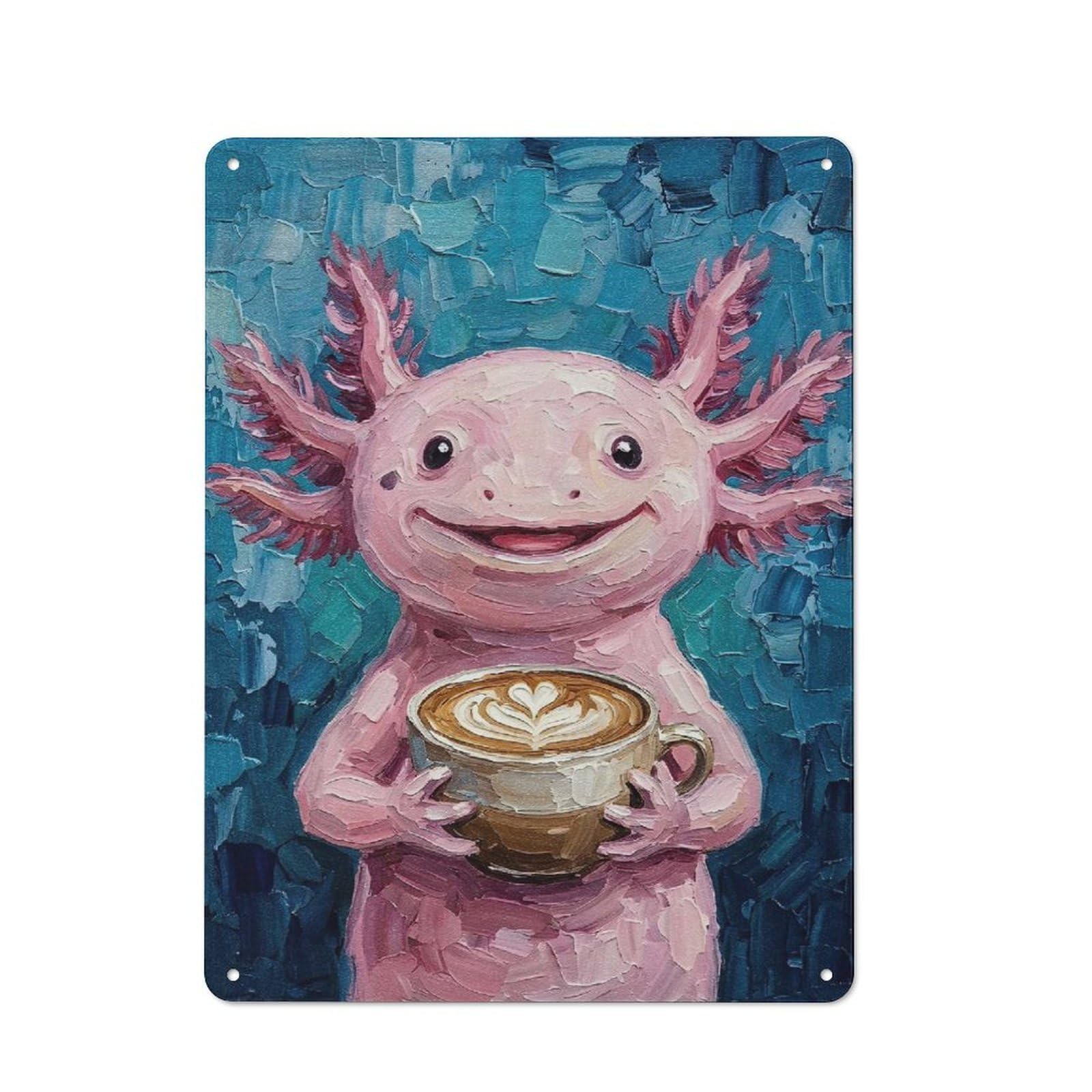 Junmoney Style-21 Axolotl With Coffee Painting Vintage Tin Sign 40X30cm For Café Or Restaurant, For Café Owners And Decorators, For Retro Home Interiors