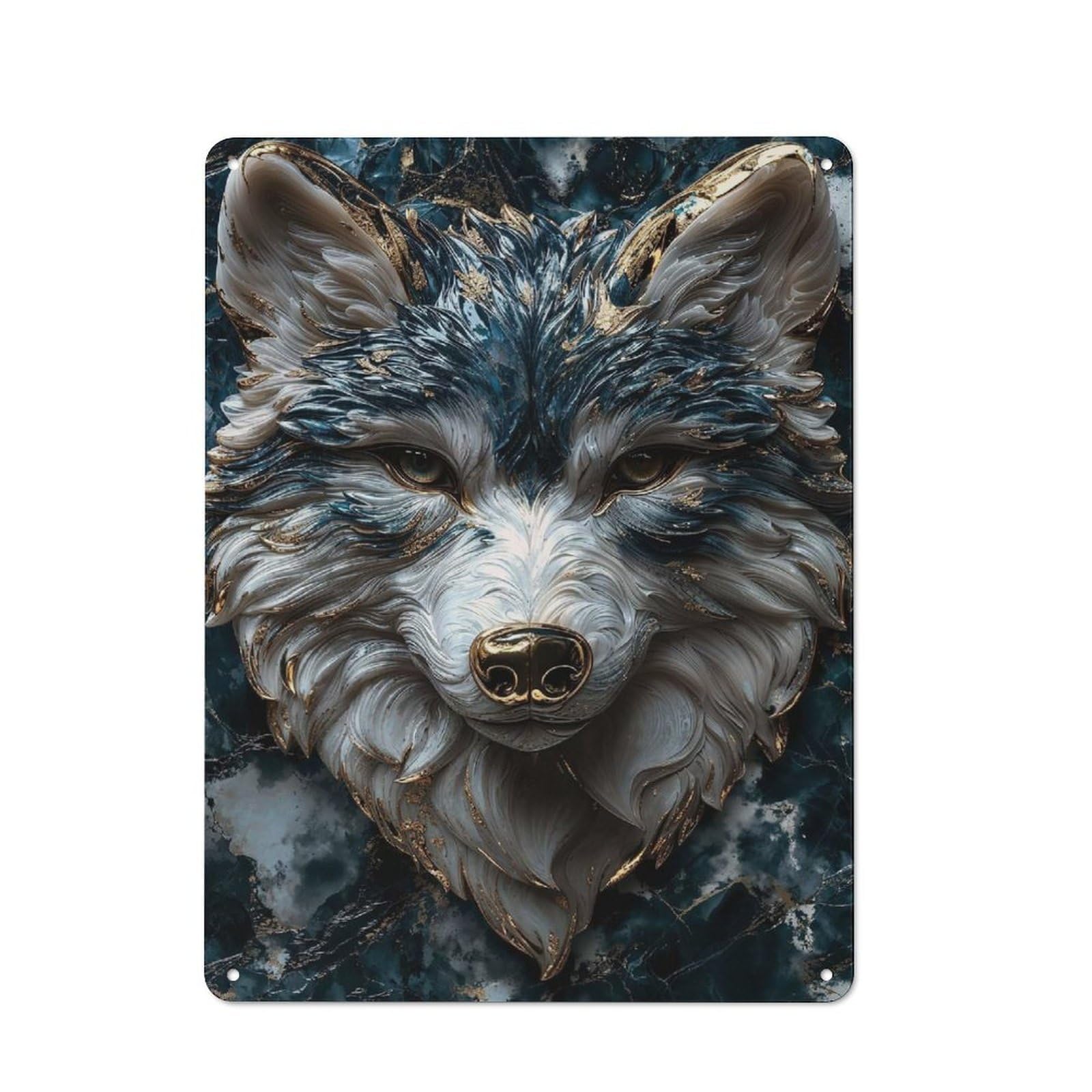 Metal Wall Sign with Kintsugi Lone Blue Wolf Design 40x30cm, Modern Retro Urban Room Decor for Workspace, Cafe, Hallway Or Garage