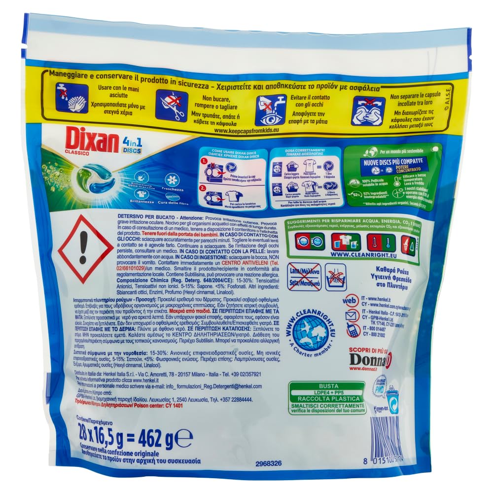 Dixan DISCS 4in1 Classico Detersivo Lavatrice (50 Lavaggi), Capsule lavatrice per una pulizia profonda del bucato e freschezza igienica per la lavatrice, Rimuove le macchie da 20°C