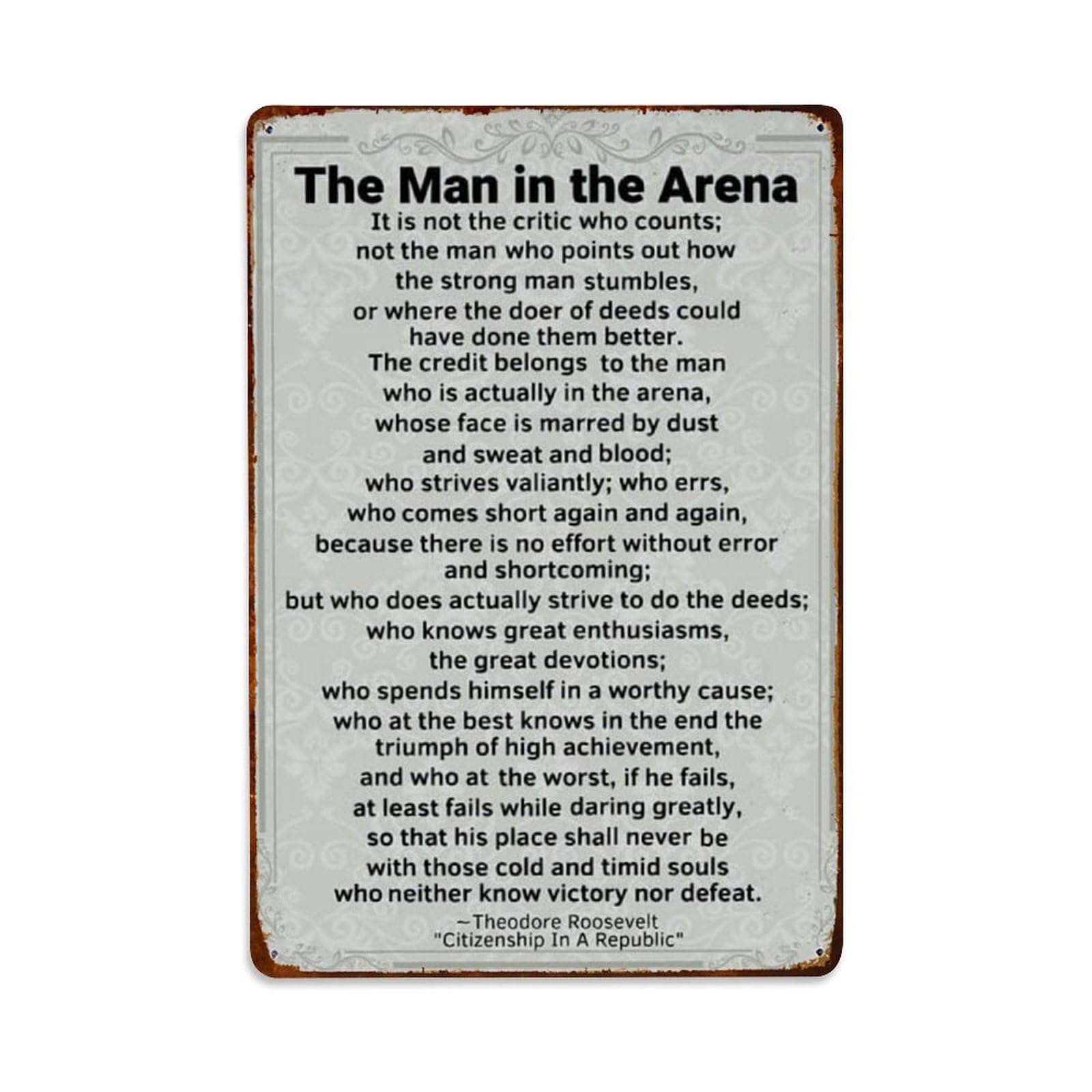 Rkundrne Vintage The Man In The Arena Metal Tin Sign Garden Bedroom Cafe Bar Man Cave Home Wall Decor Metal Poster 8X12 In