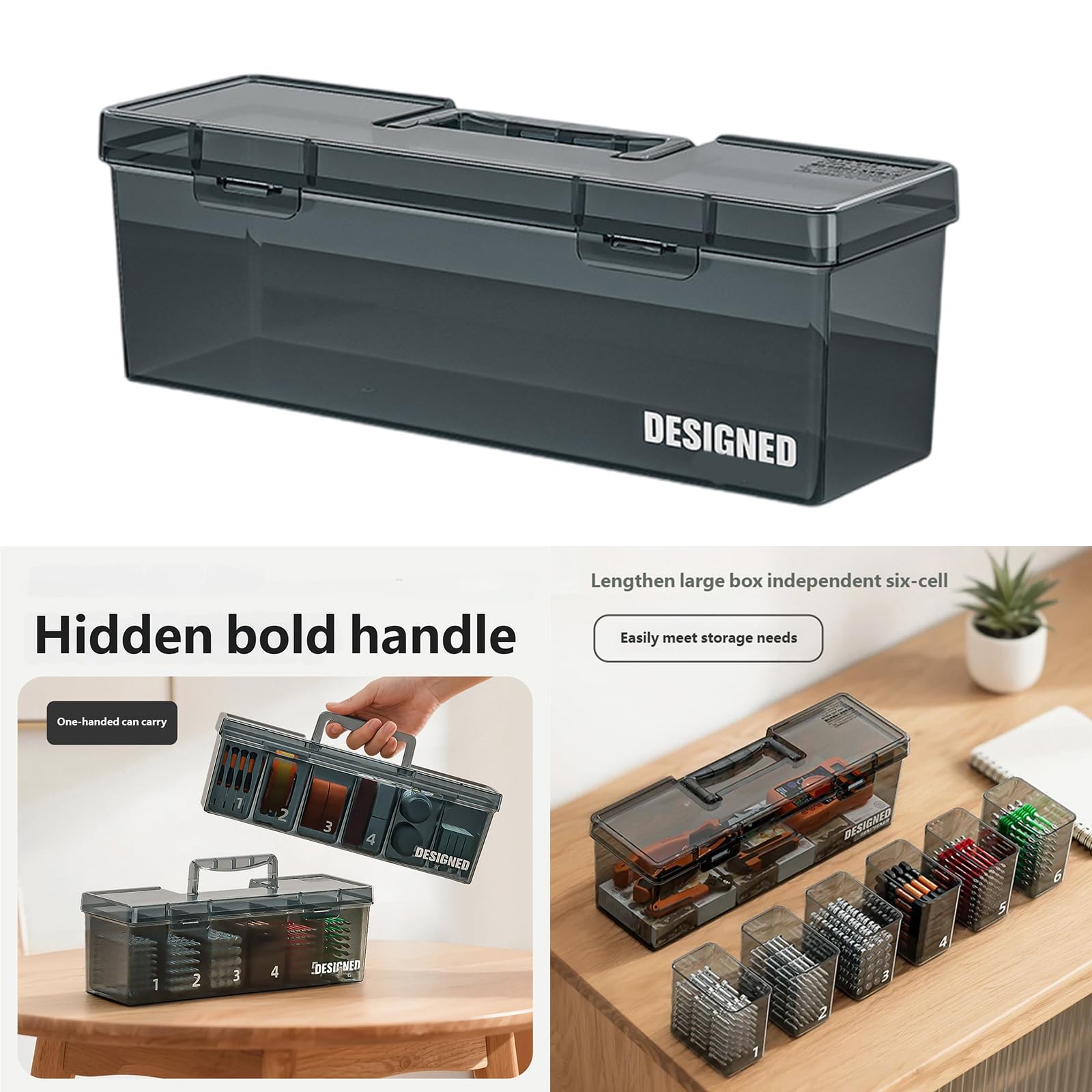 Caja organizadora de piezas transparentes, caja contenedor, función de separadores personalizables, cajas ajustables para talleres eficientes y aplicaciones domésticas