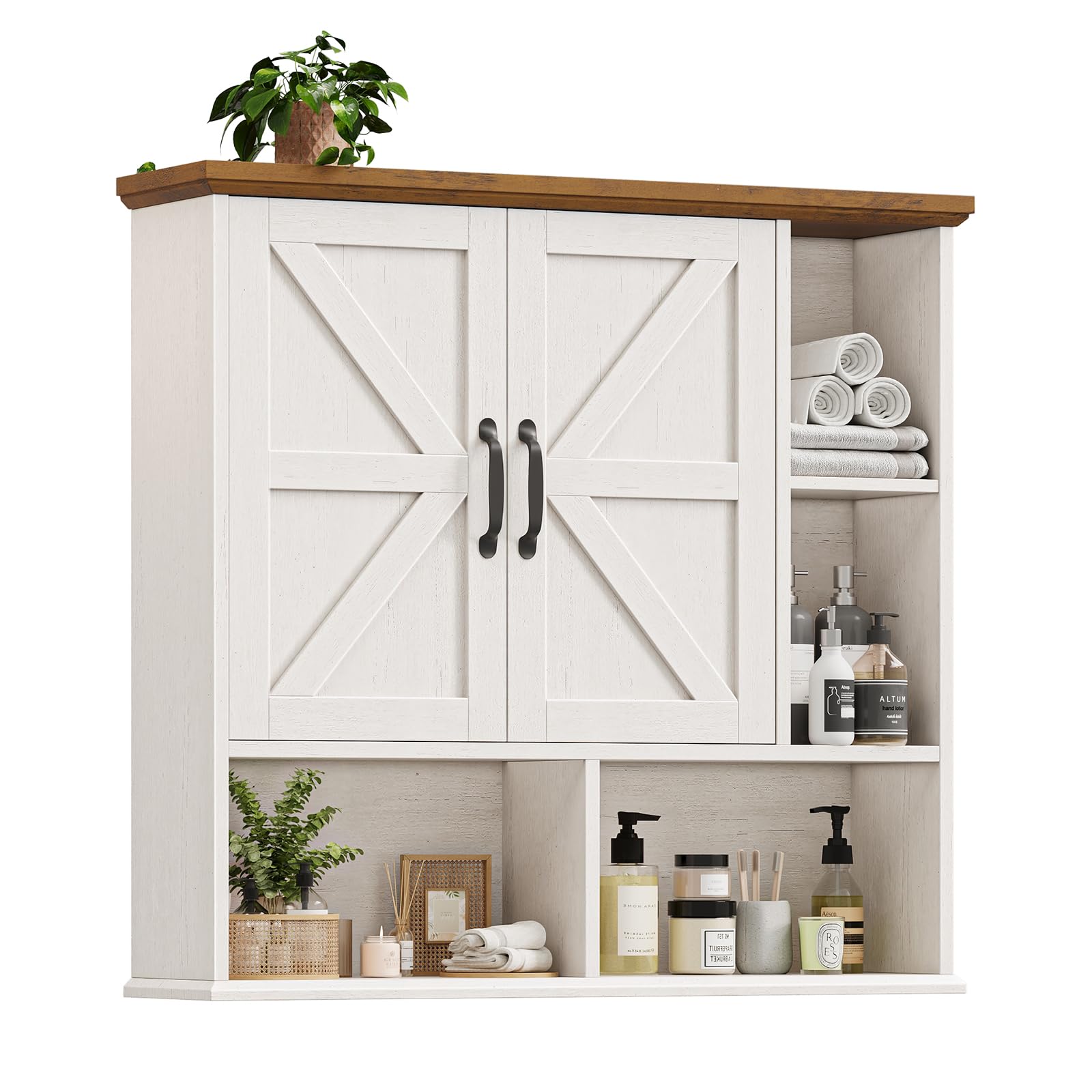 Bathroom Wall Cabinet, Farmhouse Medicine Cabinet with Doors, White &amp; Brown