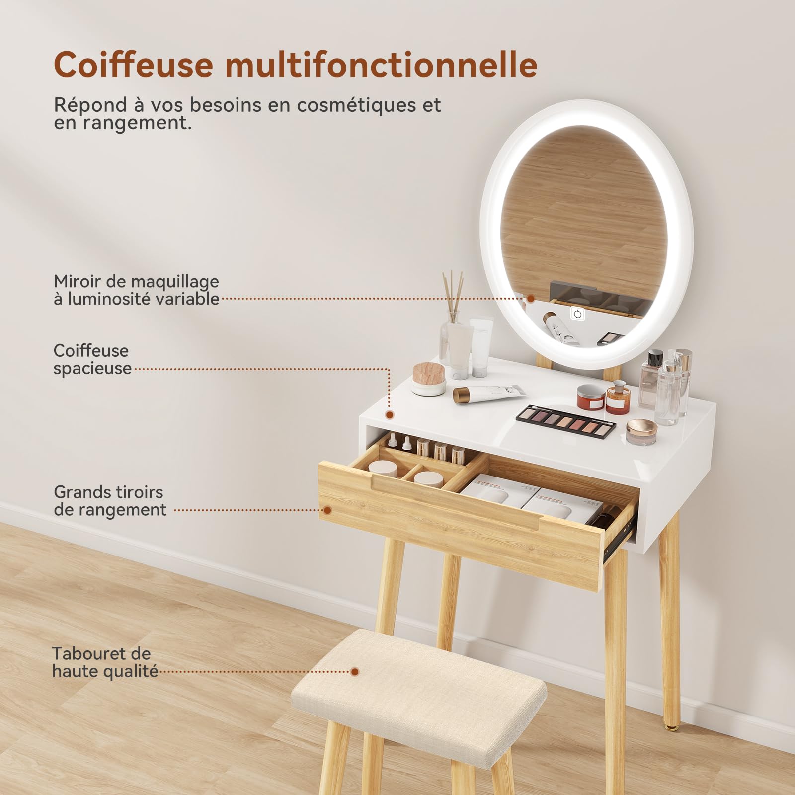 YU YUSING Petite Coiffeuse LED 60 cm Largeur avec Miroir Ovale et Tabouret, 3 Couleurs, Lumière Dimmable, Table de Maquillage avec Rangement, Tiroir Coulissant, en Bois, Gain de Place, Couleur Bois