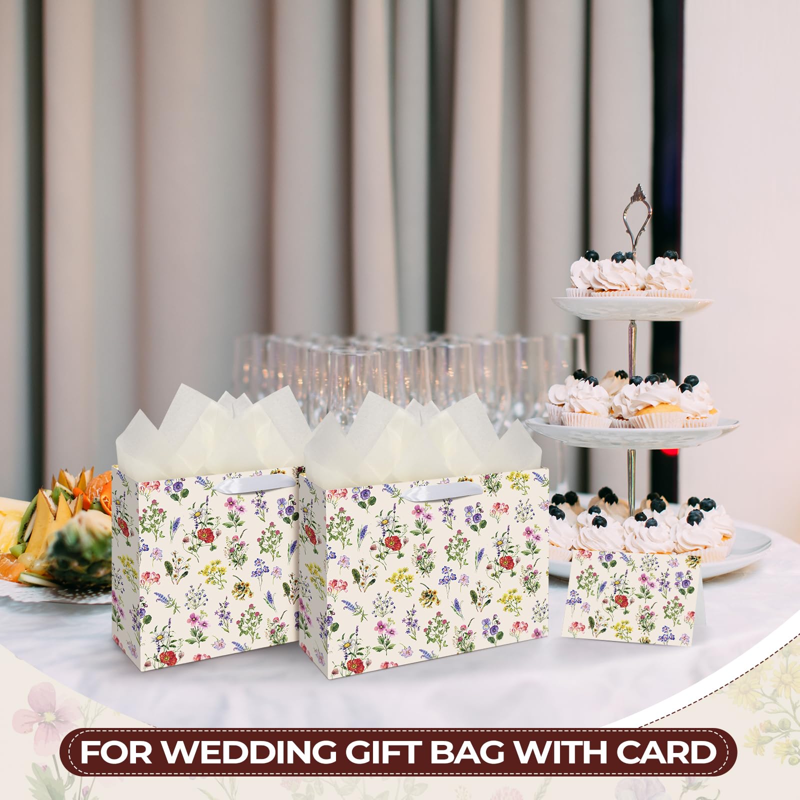 Maitys 12 Pack 12.6" Large Wildflower Gift Bags with Tissue Papers and Greeting Cards Elegant Flowers Floral Gift Wrapping Bags for Wedding Bridal Showers Birthday Baby Shower Party Decorations