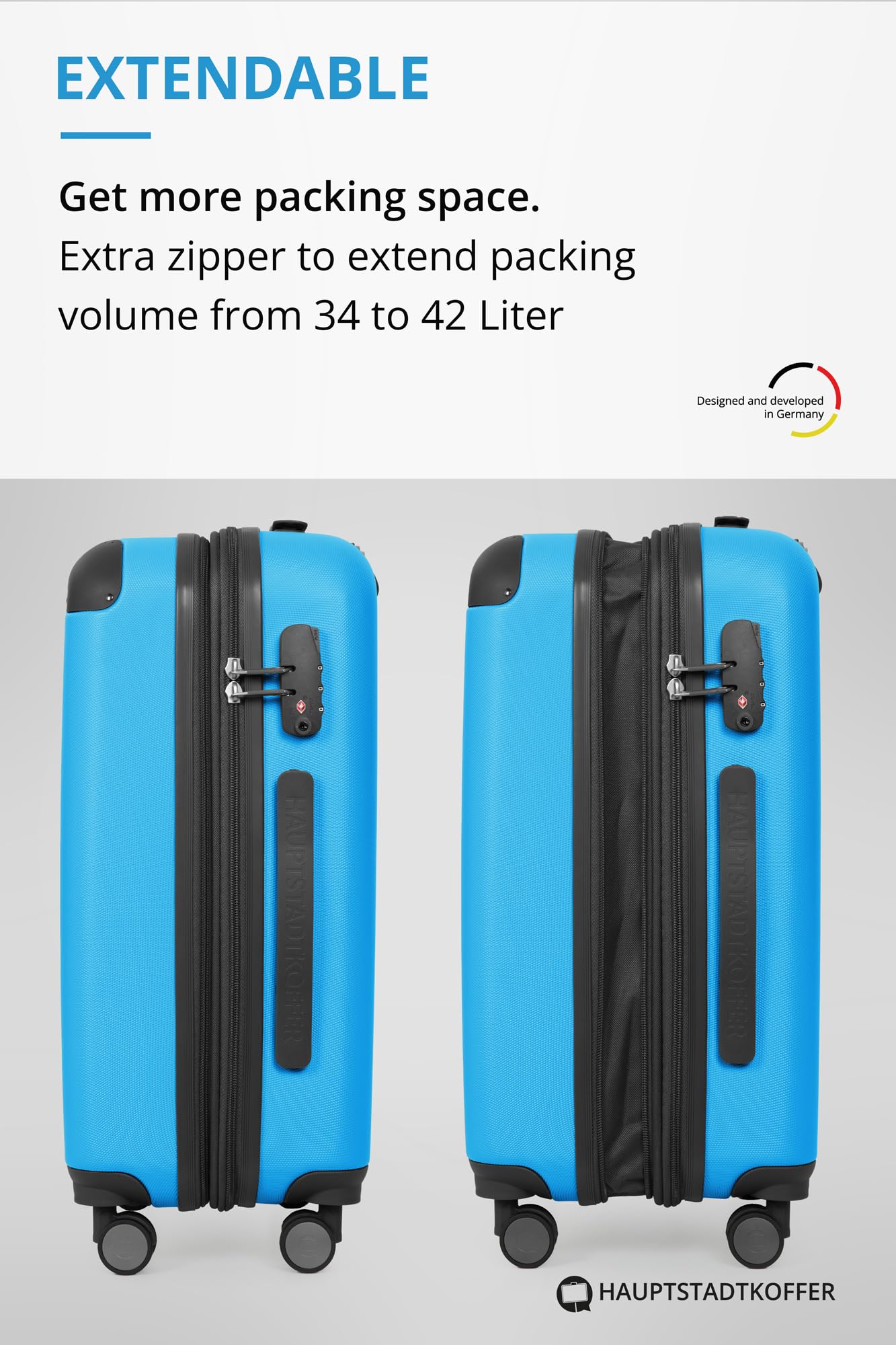 Hauptstadtkoffer Spree – Bagaż podręczny 55 × 36 × 21 cm, rozszerzana, zamek TSA, 4 kółka, walizka twarda, cyfrowa zawieszka do bagażu, Cyjanowy