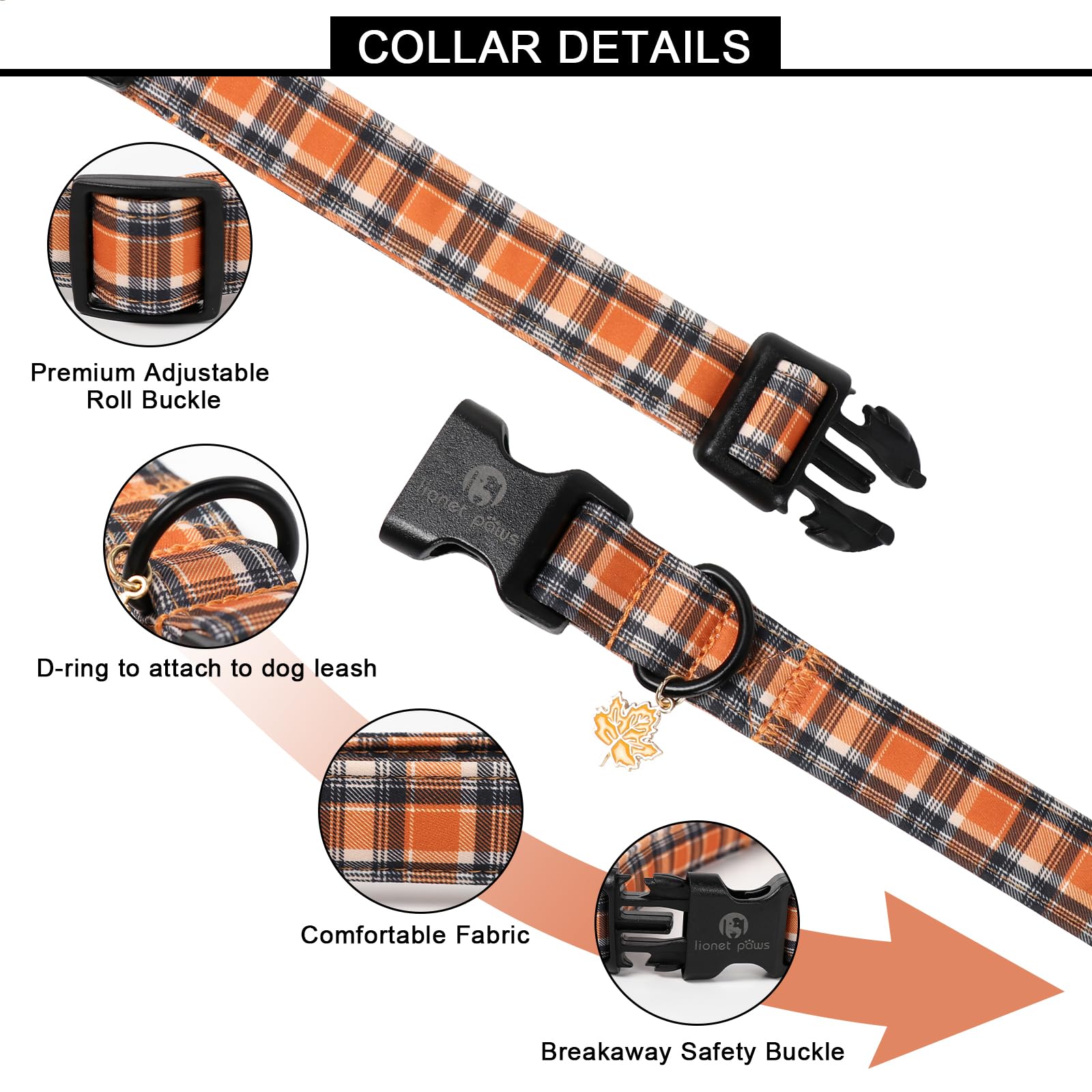 Lionet Paws Halloween Dog Collar- Cute Blank Orange Grid Fall Dog Collars with Plastic Buckle and Leave Pendant - Image 3