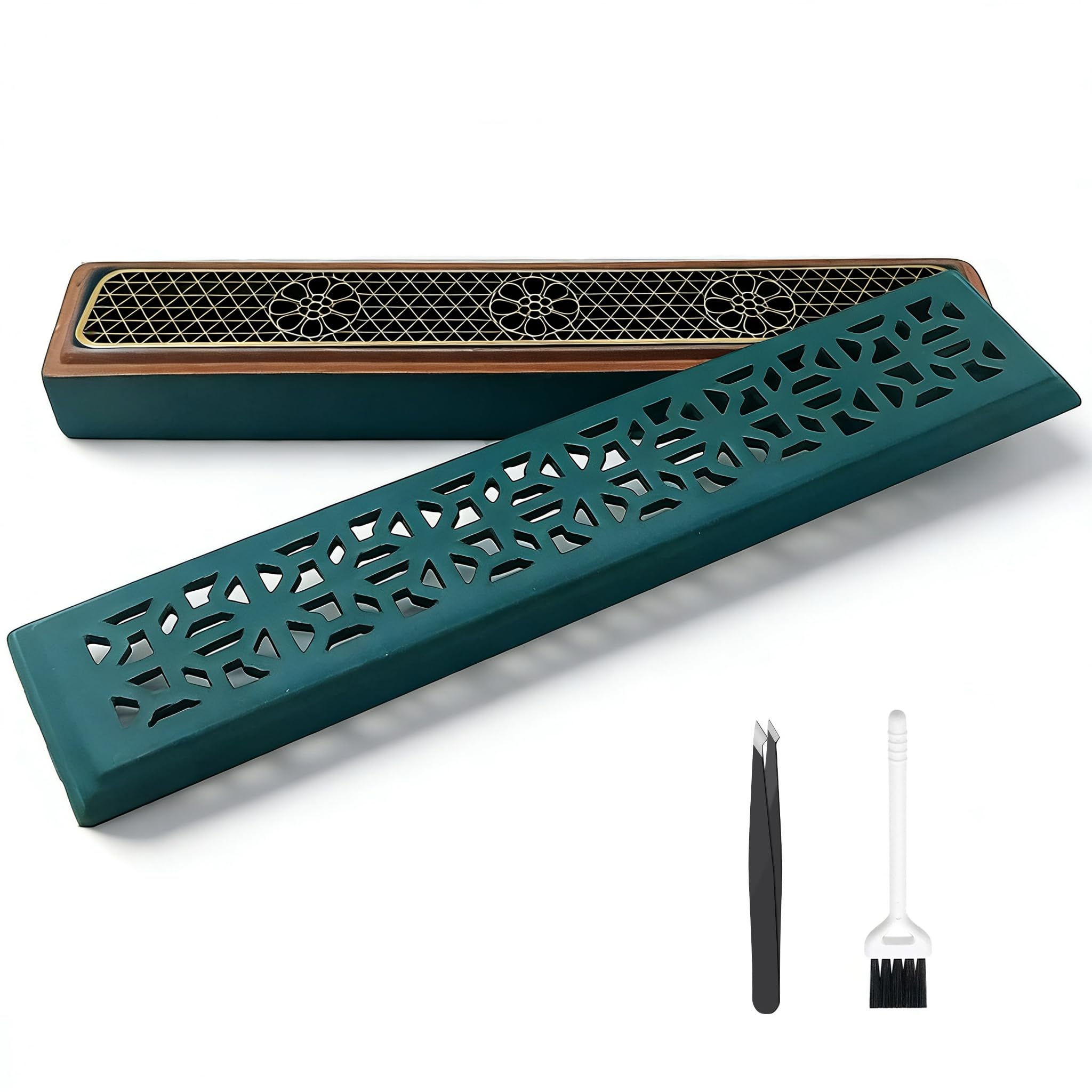 Carved Ceramic Incense Holder, Green