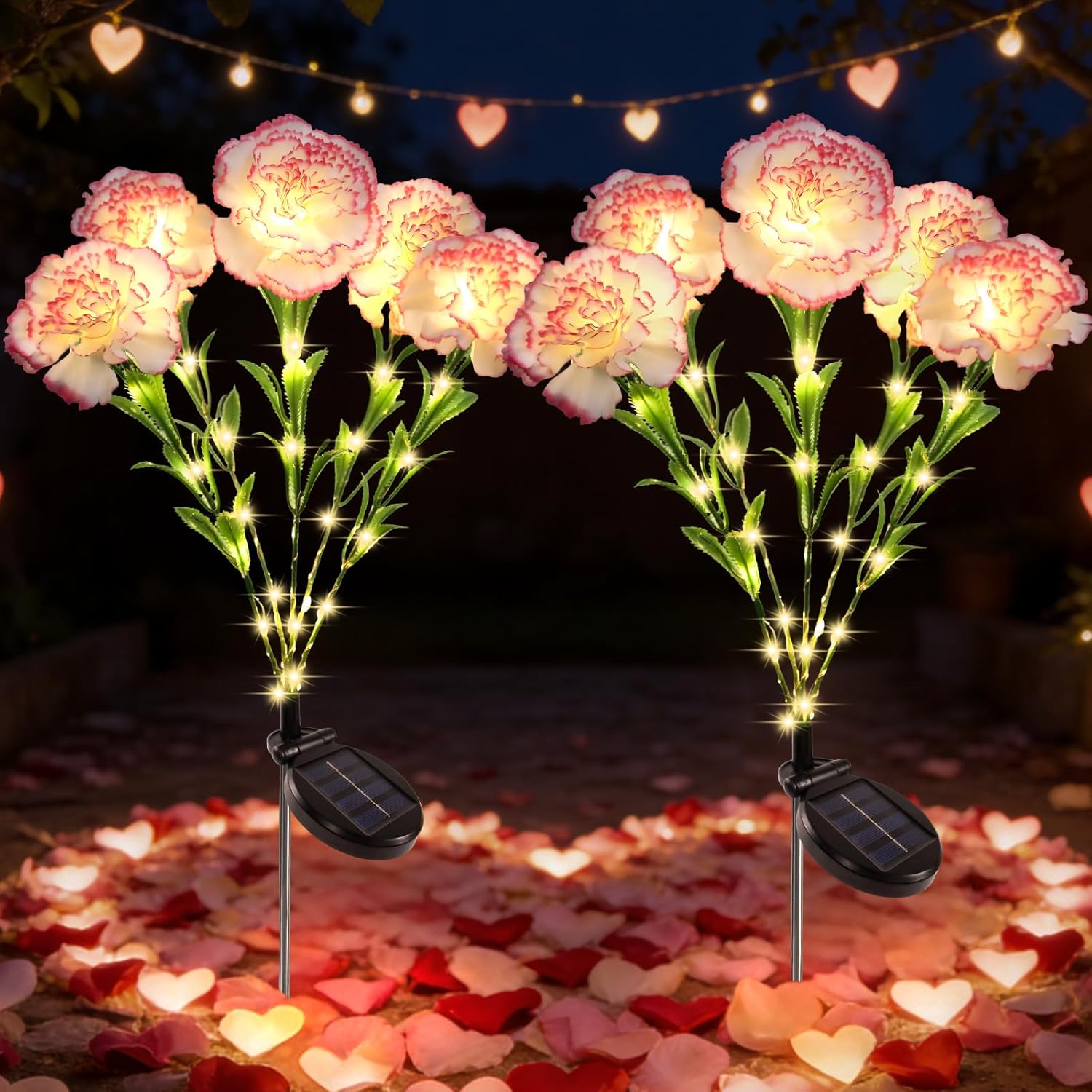 Solar Outdoor Waterproof Flower Landscape Path Lights,2 Pack Carnation Solar Lights,with 10 Petals is Gifts for Mom Grandma Women Romantic Gardening Gifts,Porch Yard, Patio Garden Cemetery Decoration