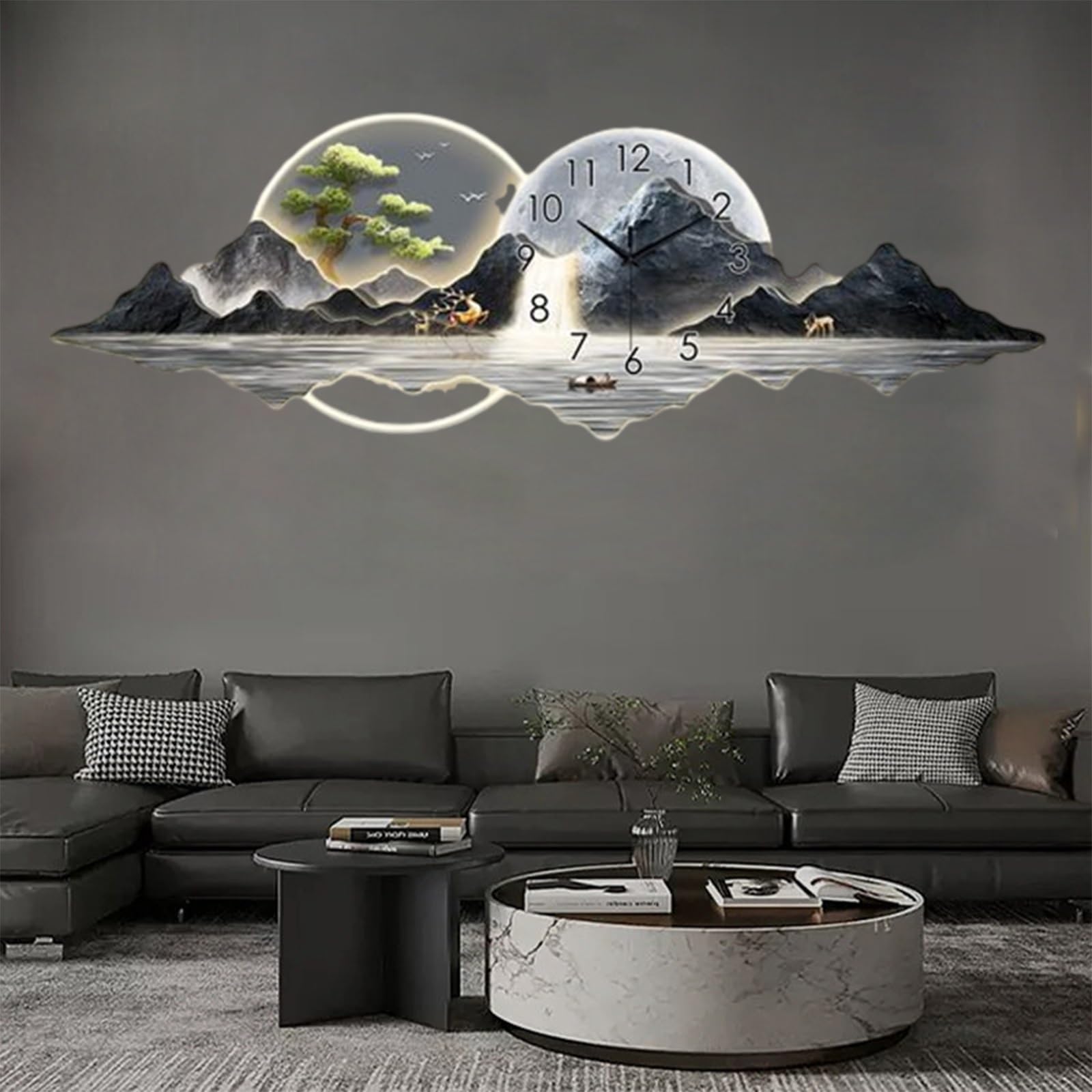 MESCXTY Landscape Painting 3D Wall Art Clock Stylish Modern Clocks Silent with Light,Large Creative Decorative Clock,for Office, Home, Bathroom, Bedroom, School(Gold 4,59 * 19.7in)