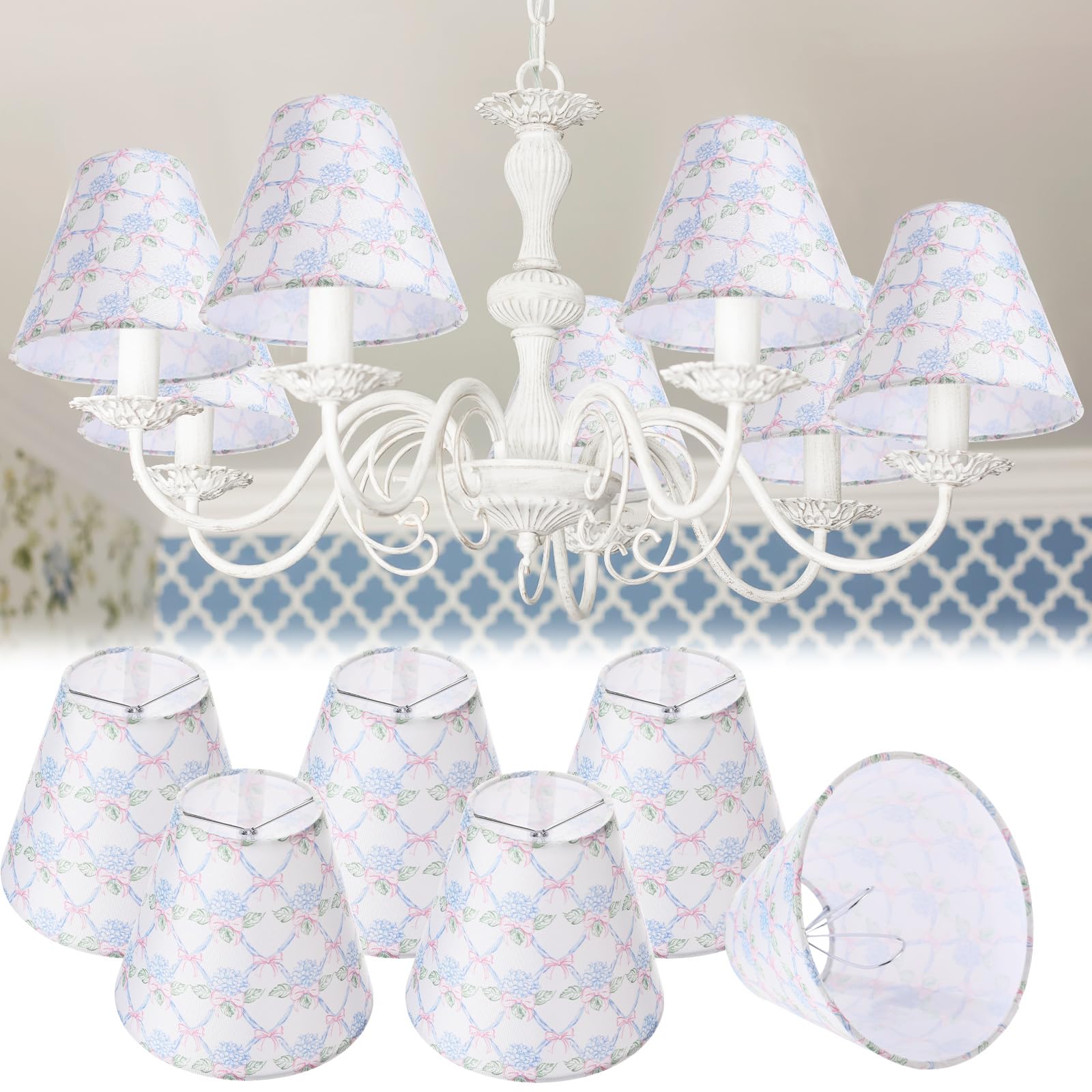 VIHOSE 6 Pcs Chandelier Shades Small Chinoiserie Lamp Shade French Countryside Toile Clip Bulbs Lampshade 3 x 6 x 5 Inch Lamp Chimney Cover for Chandelier Farmhouse (Pink Bow)