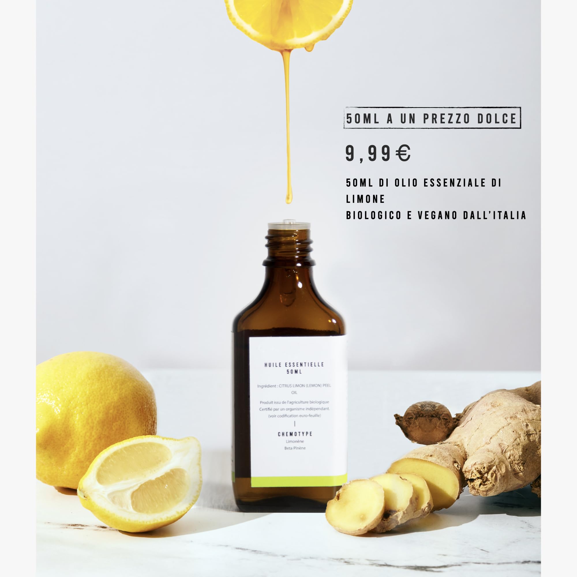 50ml Olio Essenziale di Limone BIO (Citrus limon Osbeck) - Coltivato in Italia - 100% Puro, Naturale e Biologico - Olio essenziale di Limone per Consumo, Cucina, Diffusore, Pulizia - Grado alimentare
