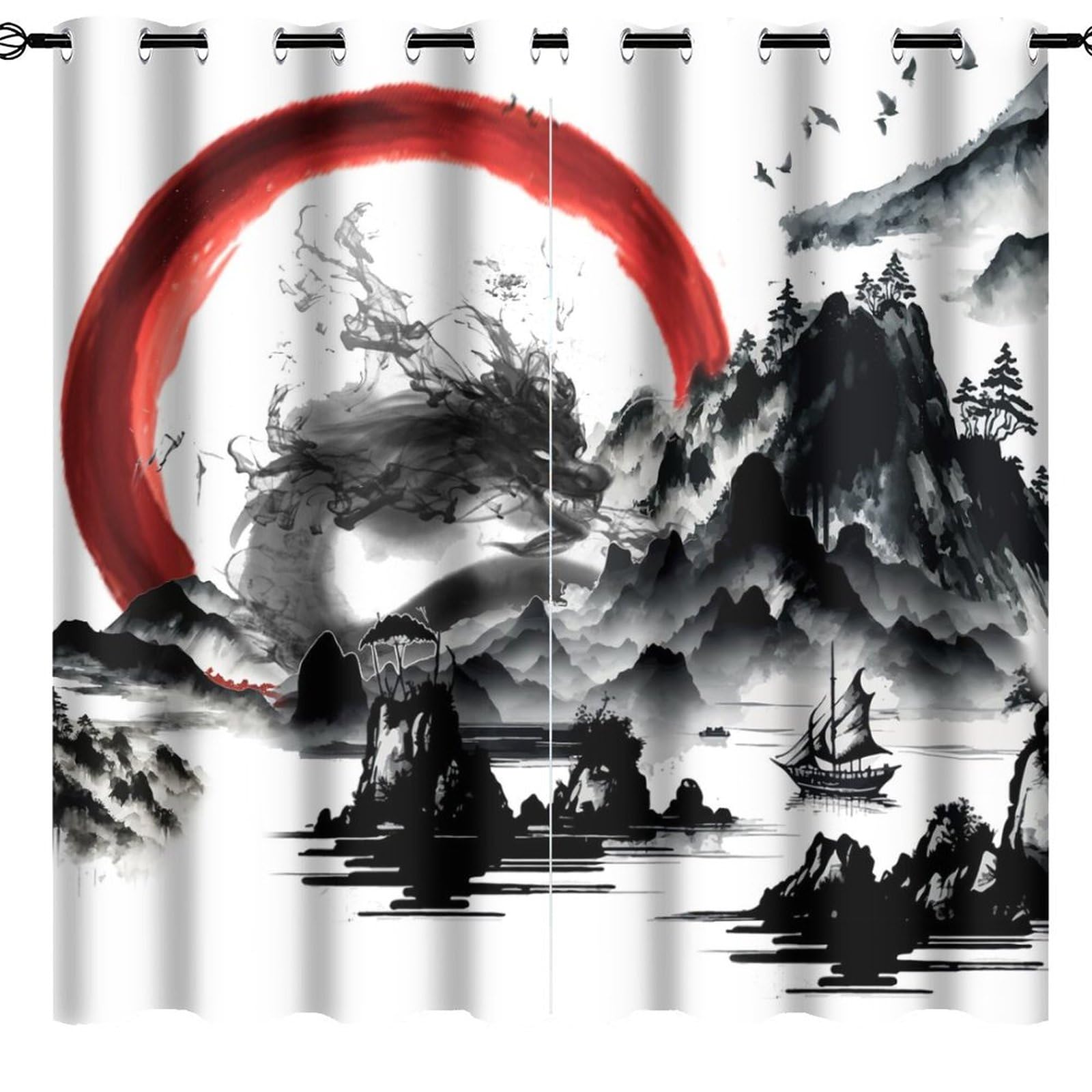 Chinese Dragon Curtains Abstract Painting Style Japanese Dragon Retro Animal Black Dragon Thermal Insulated Darkening Window Drapes for Living Room