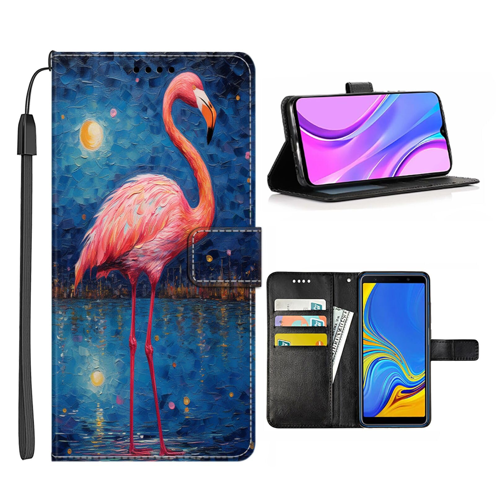 SHENCANG BLUE Wallet Case for LG K40S Flamingo-aa5 Smartphone Folio Pocket Flip Card Holder Kickstand Multifunction Cellphone Case with Wrist Strap