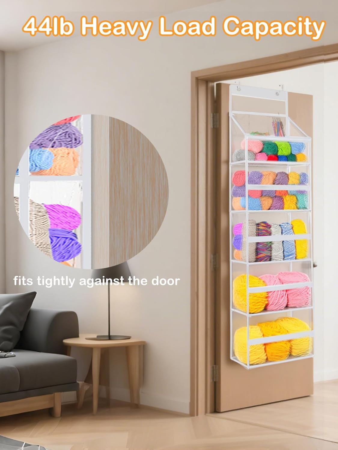 Over the Door Hanging Yarn Storage Organizer - Hold 50+ Yarn Balls, PVC Knitting Organizer Bag with Metal Hooks, 5 Tier Behind Door Yarn Holder for Crochet/Knitting Needles(Clear White), 1 Pack