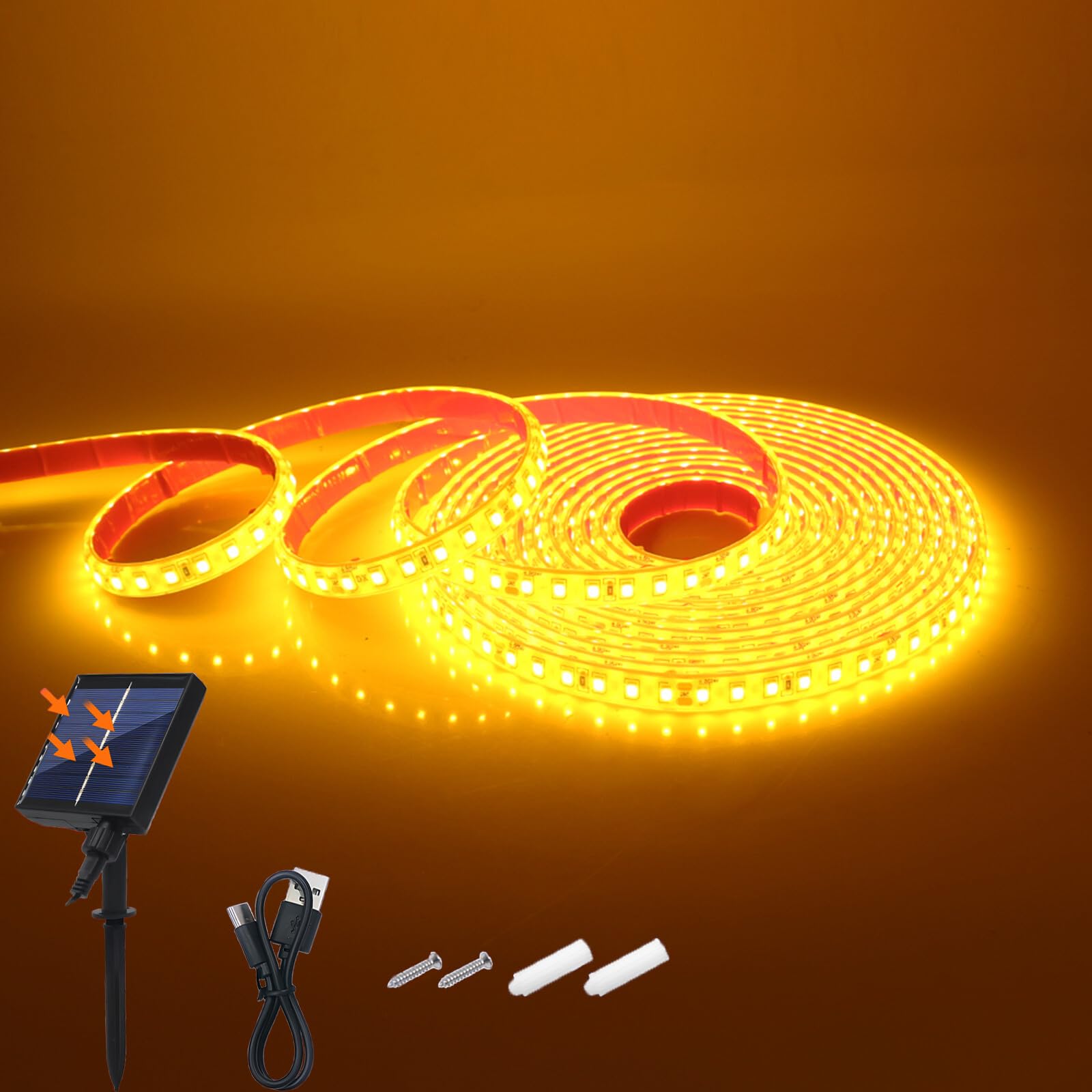 KAFULA 24V 8 Mode Solar Strip Light [0.5m,Yellow],IP68 Waterproof,1200MAH Solar Powered Flexible LED Rope Light CRI85+,Bedroom Garden Balcony Decorative Lighting
