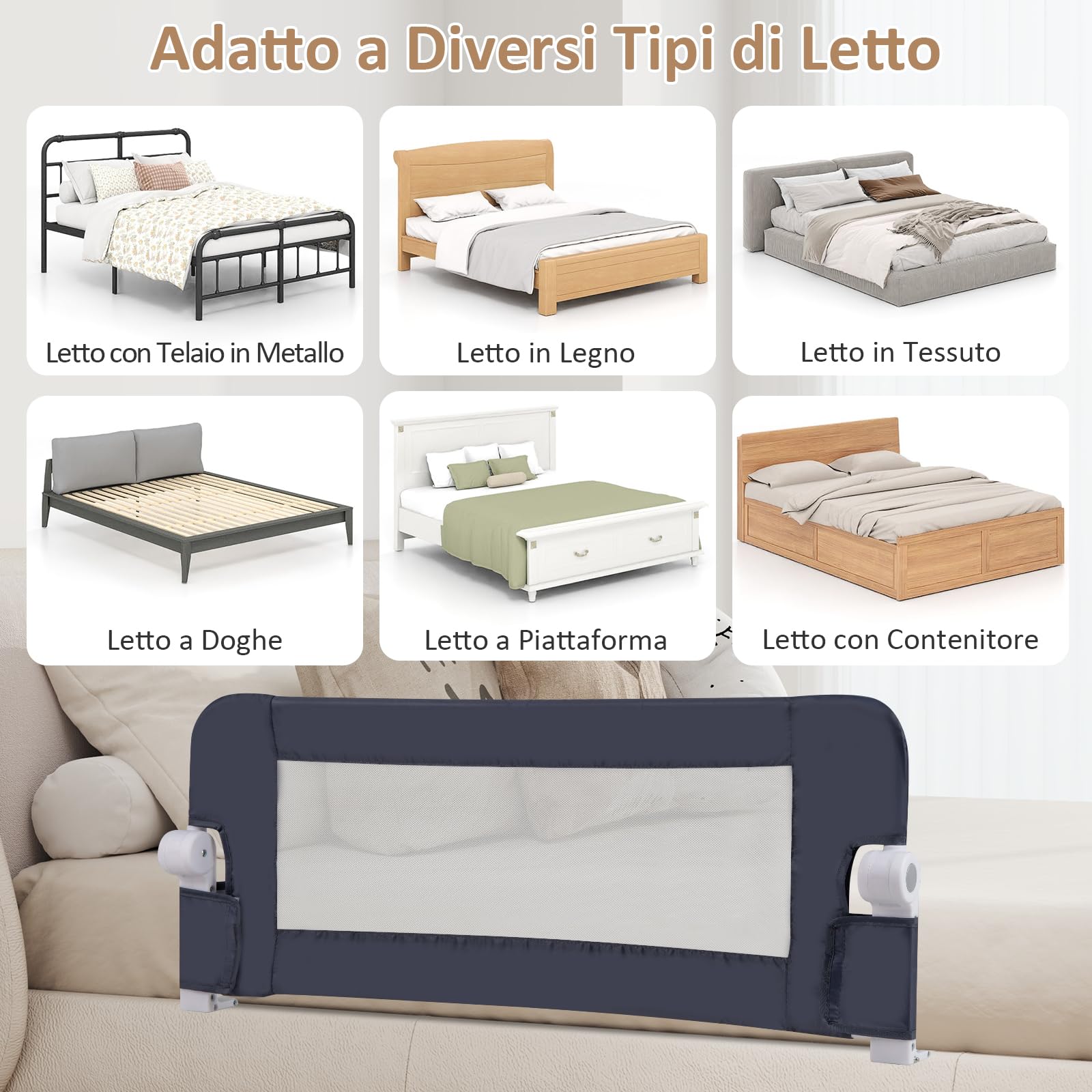 RELAX4LIFE Sponda Letto per Bambini 105/120/150cm, Barriera di Sicurezza, Traspirante e Pieghevole, Sbarra Letto per Letti Singoli e Matrimoniali (Grigio Scuro,105x38x43cm)
