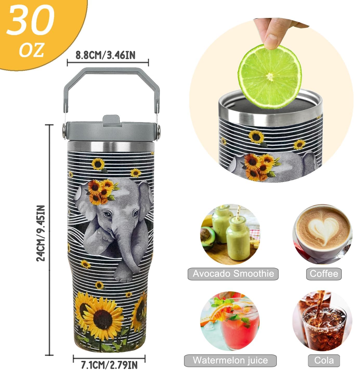 Elephant Sunflower Tumbler with Handle and Flip Straw Elephant Cup Insulated Leak Proof Coffee Travel Mug Water Bottle Elephants Gifts for Women Christmas Mothers Day Birthday-30 oz(1PCS) - Image 4