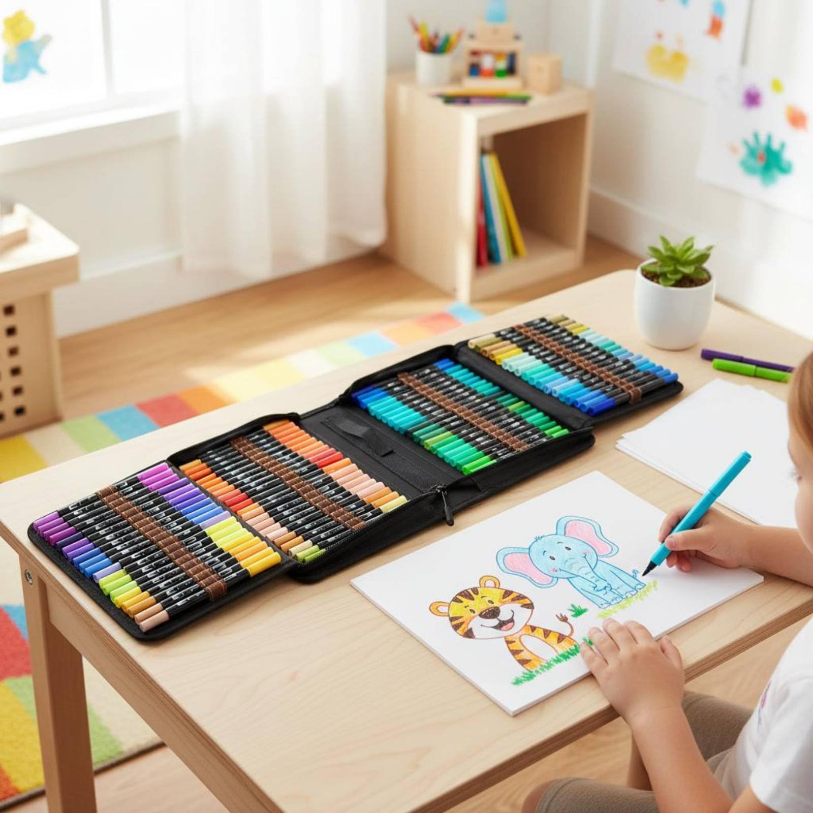 Qianly Penne a Doppia Punta Pennarelli Acquerello Marker per Disegno Colorazione Calligrafia con Inchiostro Lavabile a Base d'Acqua E Custodia Adatto per Scuola Attività Creative Viaggio Bambini