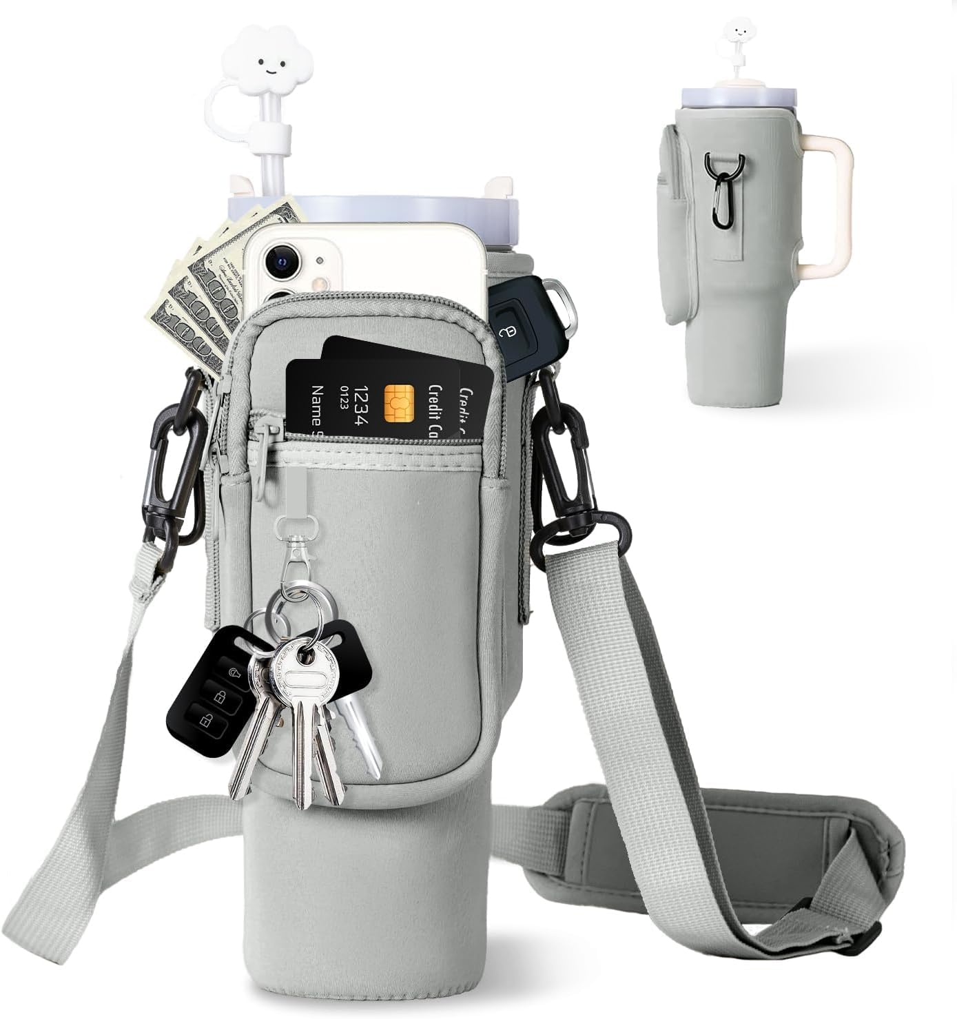 dabriaWater Bottle Carrier Bag with Phone Pocket for Stanley 40/30 oz Tumbler Neoprene Water Bottle Holder Pouch with Adjustable Strap Bollus with Straw Cover & Carabiner for Stanley Cup Accessories