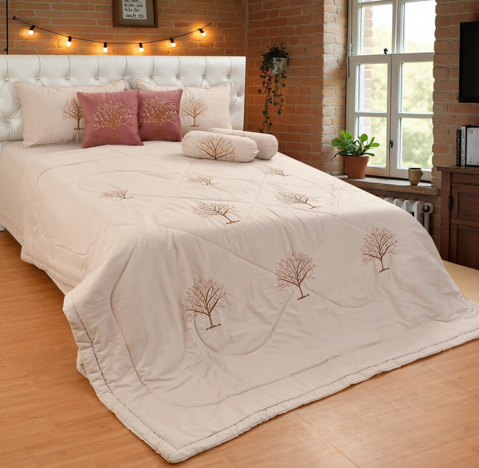 Glace Cotton 8 Piece Wedding Bedding Set (1 Quilt, 1 Double Bed Sheet, 2 Pillow Covers, 2 Filled Cushions, 2 Filled Bolster,(8 Piece Set),Size:90x100 inch-Cream)-image-30