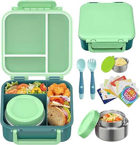 Miniatura 12 de Lonchera Bento para niños con contenedor térmico de sopa de 9 onzas, a prueba de fugas, 4 compartimentos con tarro de comida caliente aislado