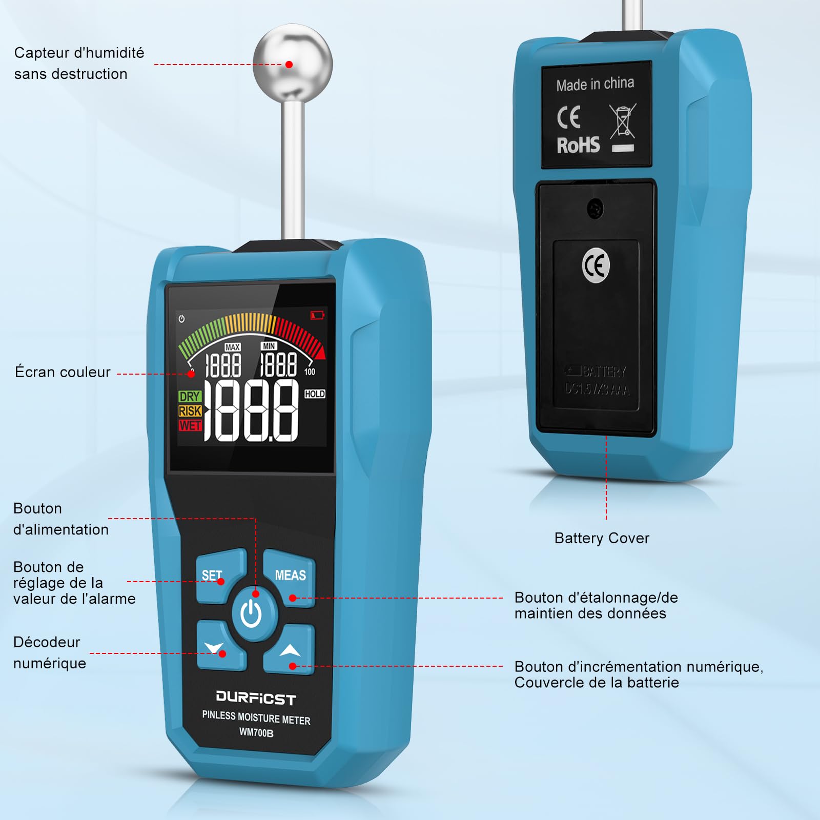 DURFICST Humidimetre Testeur Humidité avec Ecran LCD Couleur 5-40 mm Profondeur Analyse
