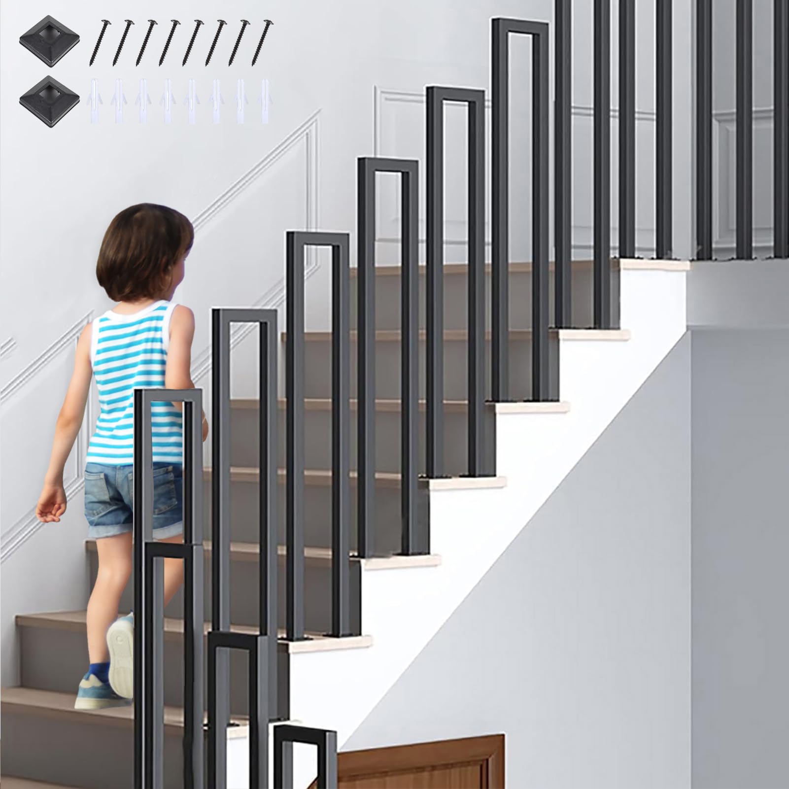 OVLRIJP Stair Railing Indoor, U-Shaped Stair Rail, Metal Bannister Rail for Stairs, Handrails for Stairs, Hand Rail U Shape for Loft, Porch, Balcony,Indoor, Outdoor (Black, 95cm)