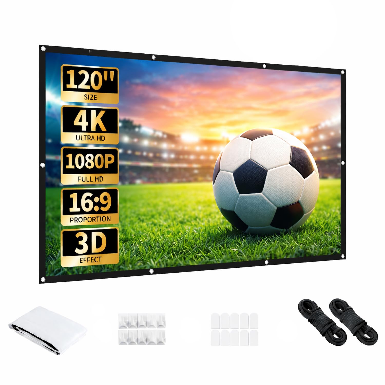 Aurzen 120-Inch Projector Screen, 16:9 4K HD, Foldable Anti-Crease, Portable Double-Sided Screen for Indoor/Outdoor Home Theater & Backyard, White (